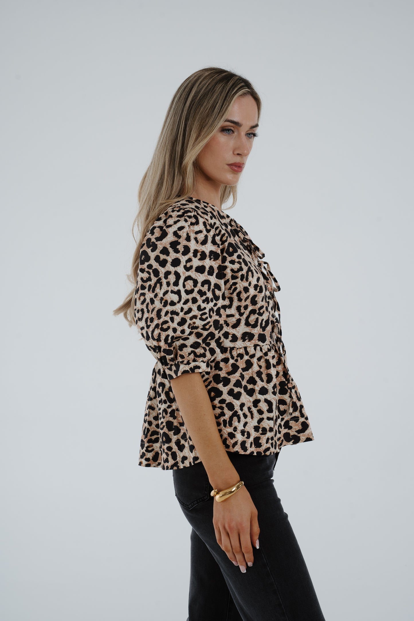 Leona Animal Print Bow Front Blouse In Tan Mix