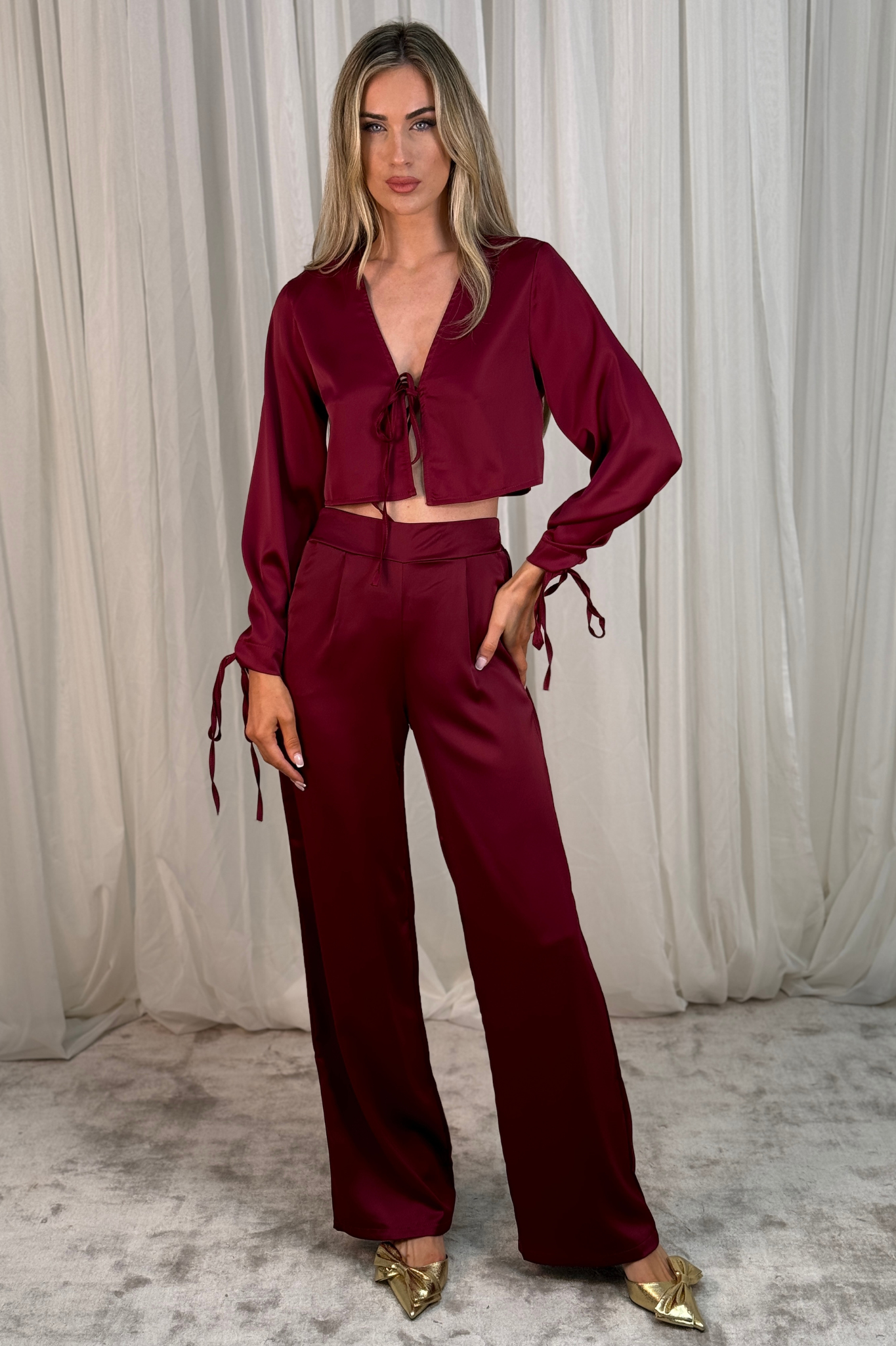 Erica Tie Front Satin Blouse In Wine