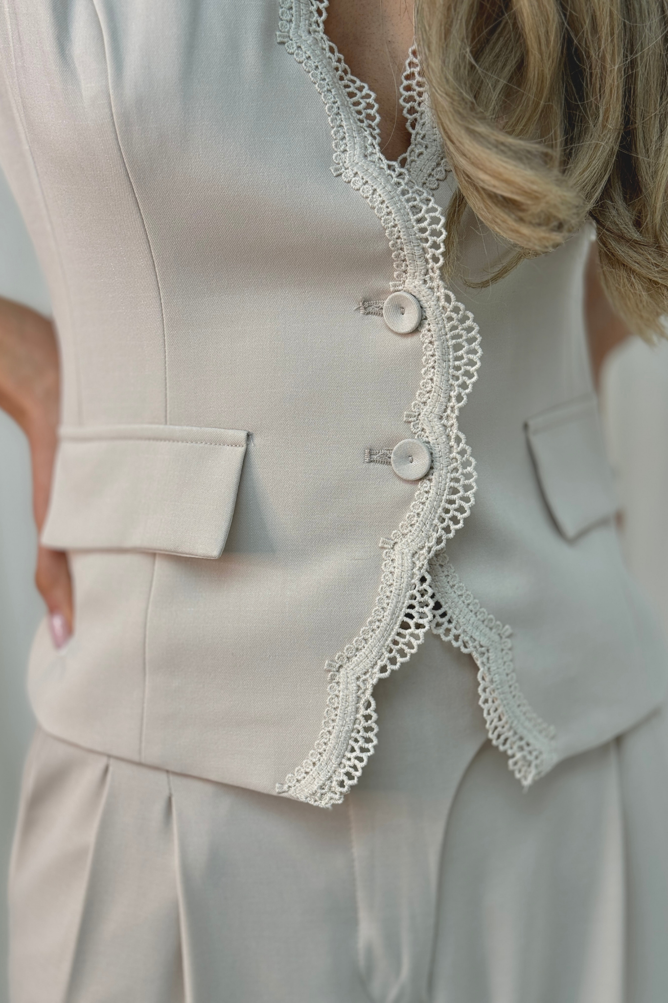 Maria Lace Trim Waistcoat In Neutral