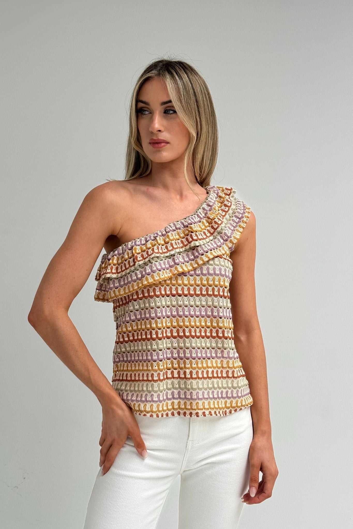 Elsa One Shoulder Crochet Top In Neutral