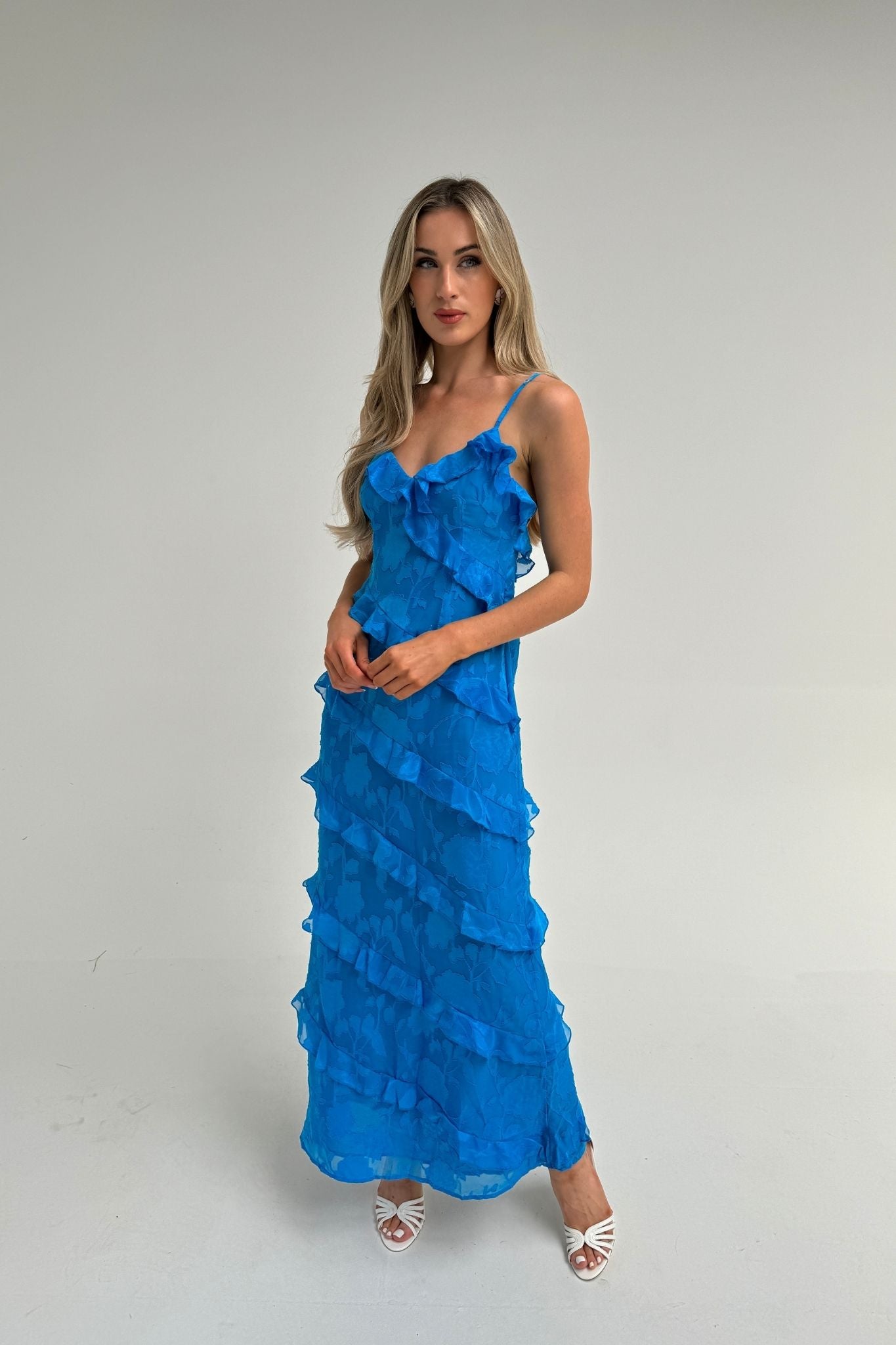 Holly Ruffle Maxi Dress In Blue