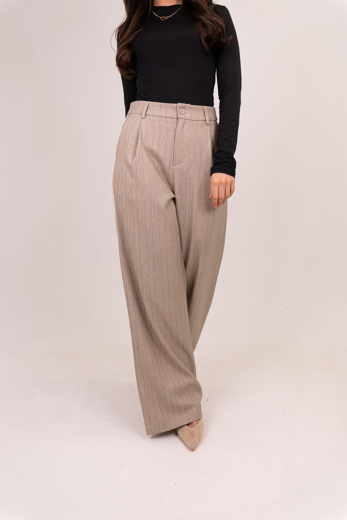 Kiera Pinstripe Trousers In Taupe