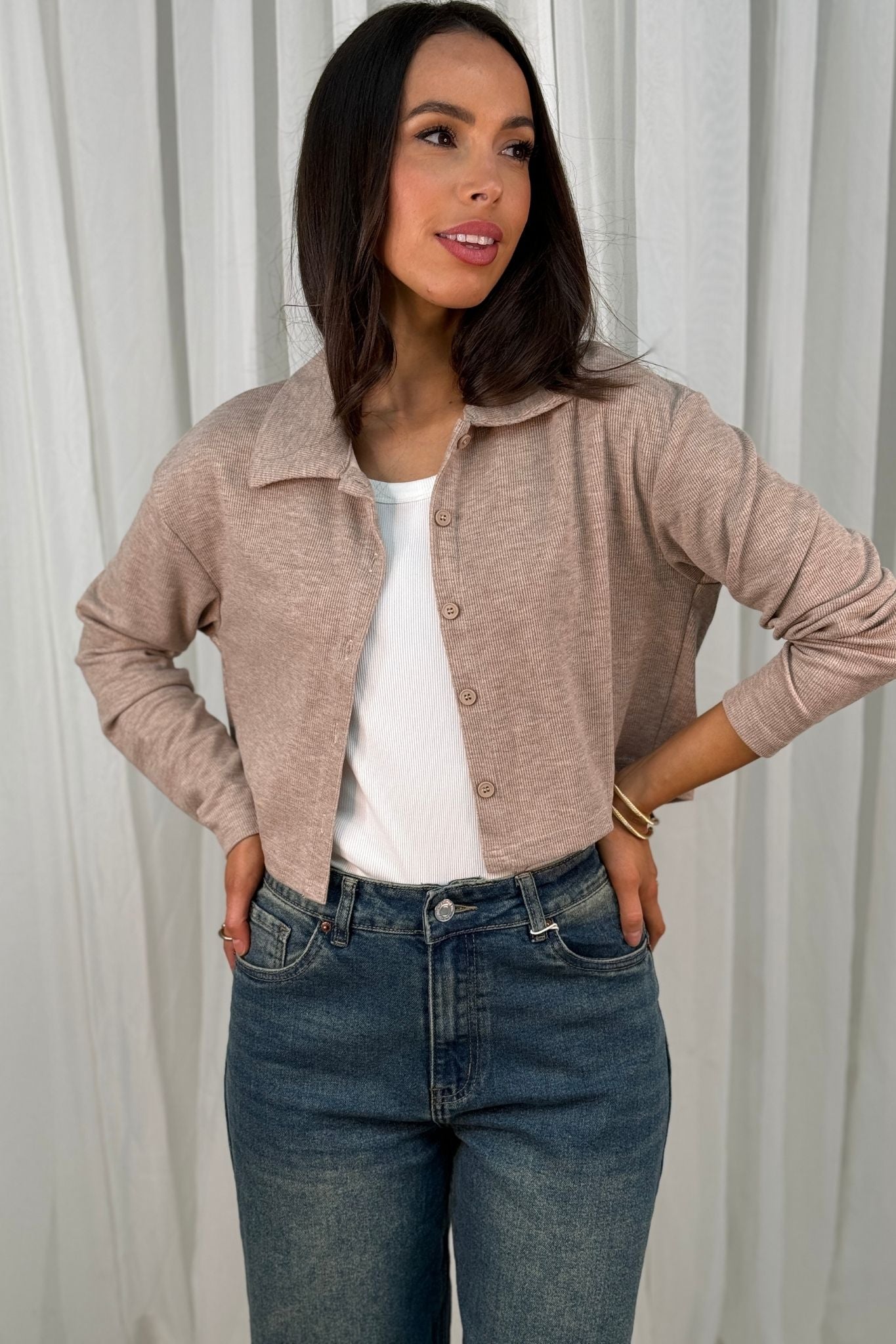 Lila Collared Cardigan In Taupe