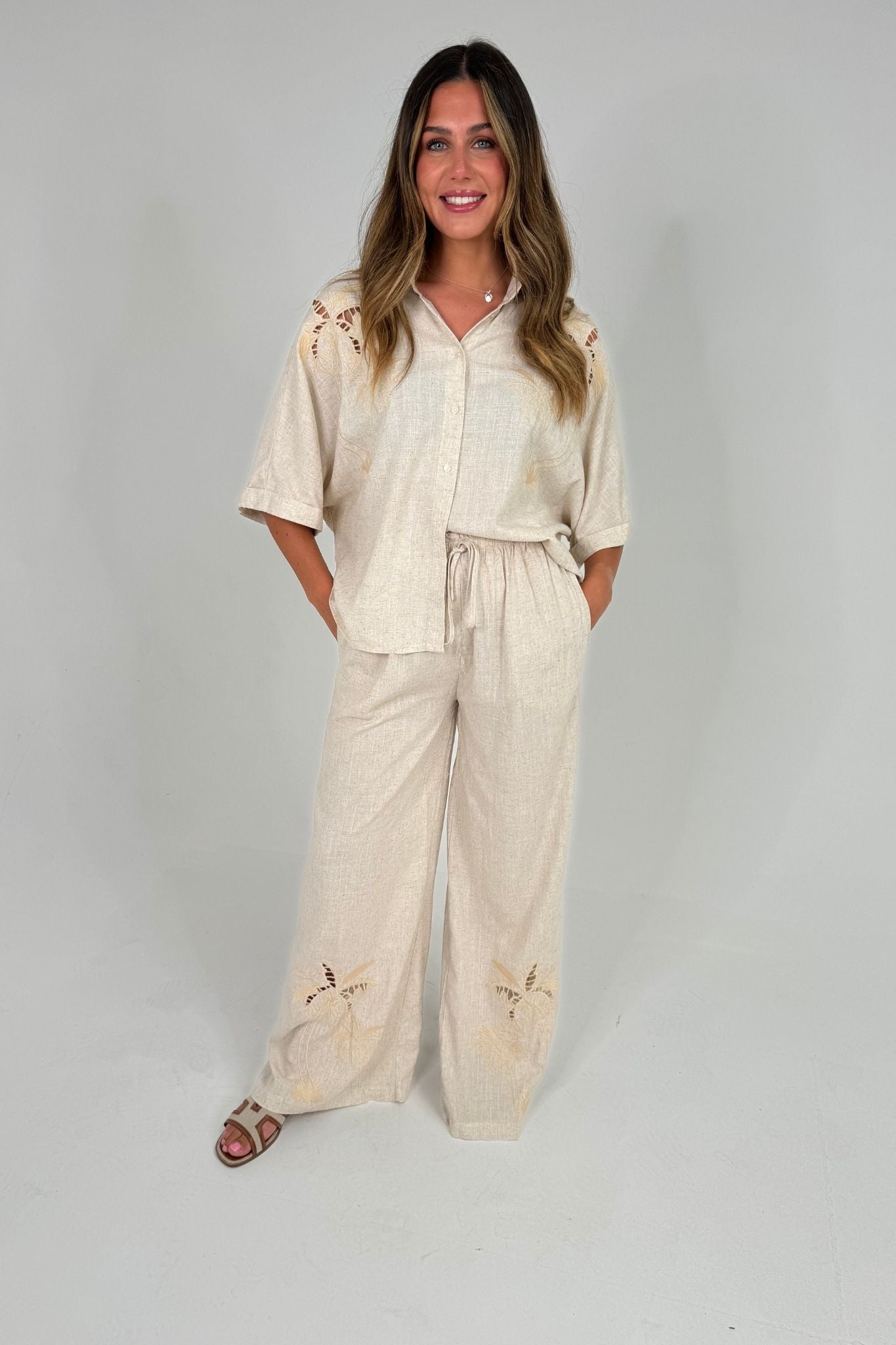 Millie Embroidered Palm Trousers In Neutral