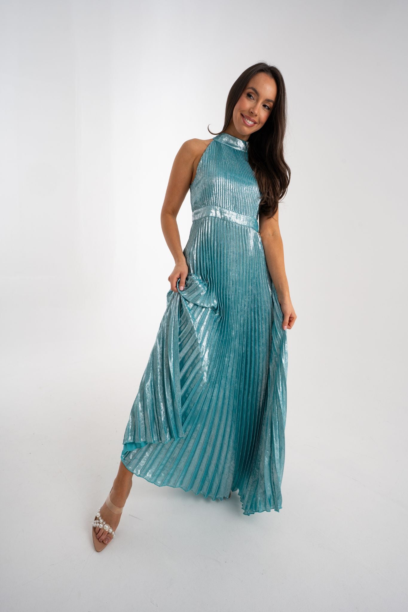 Grace Pleated Dress In Turquoise