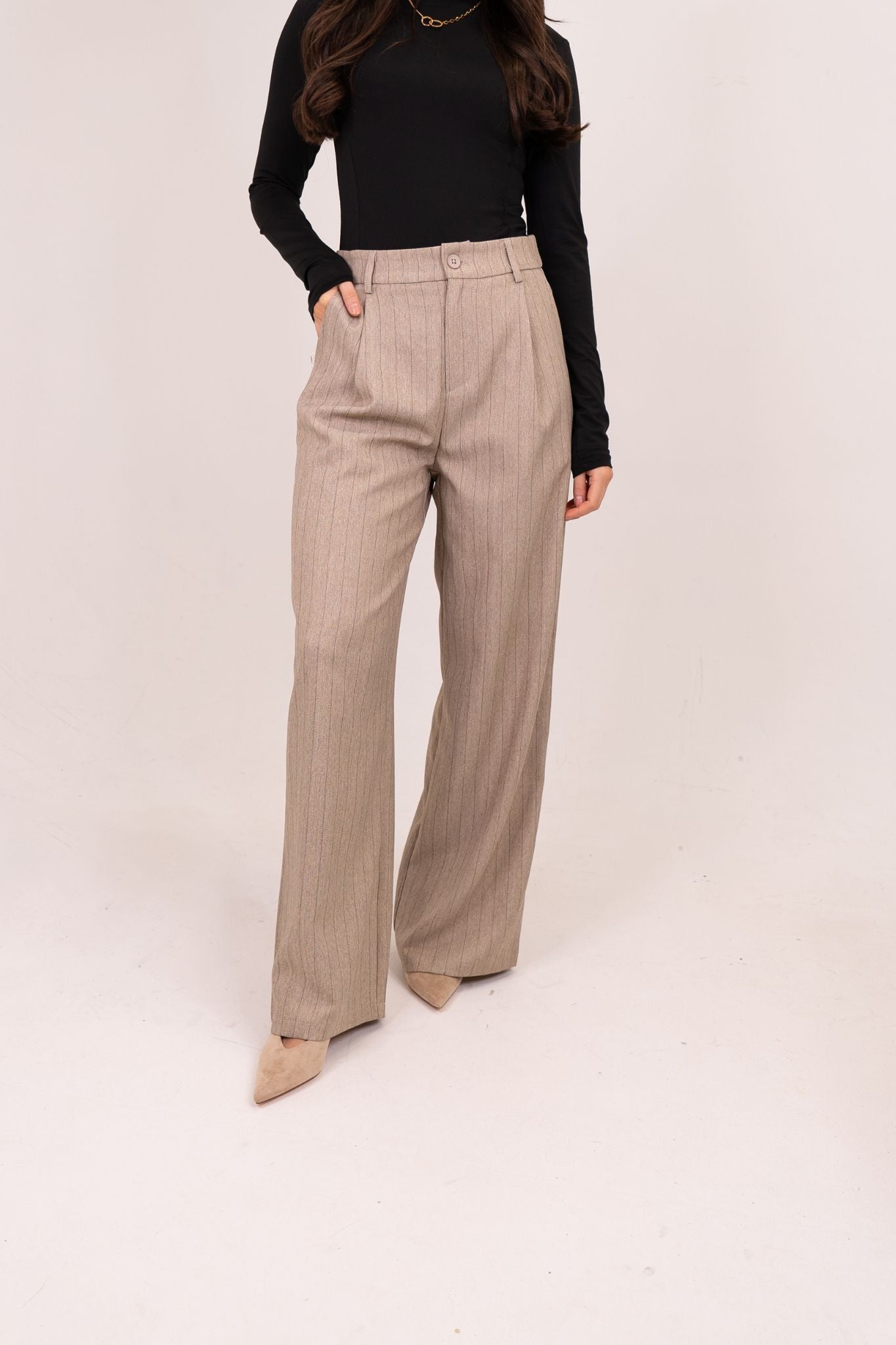 Kiera Pinstripe Trousers In Taupe