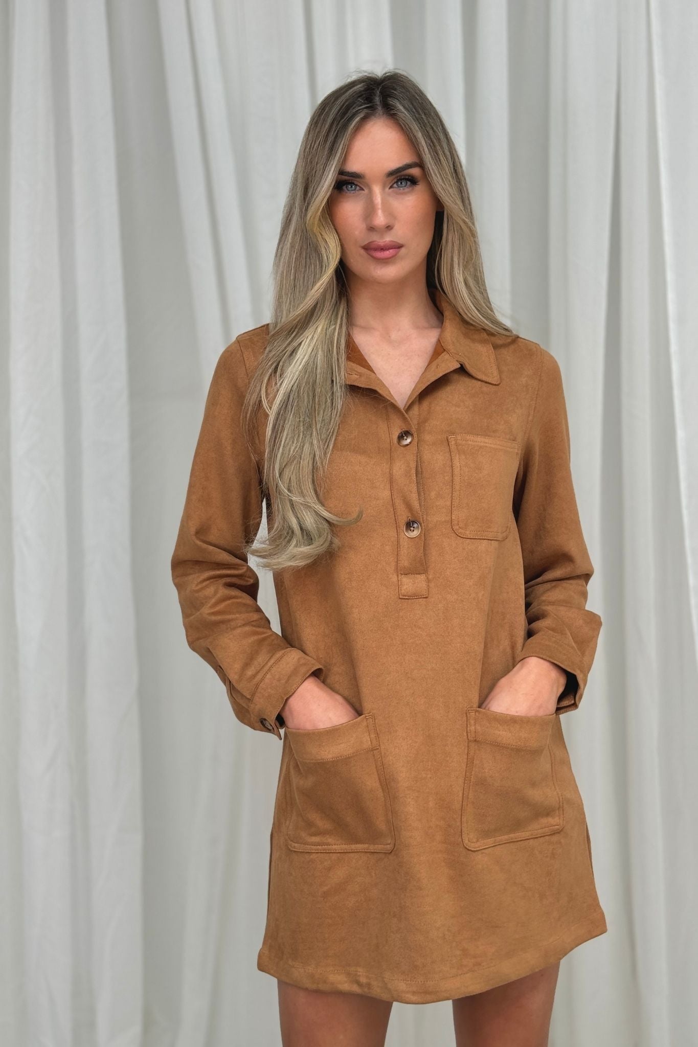 Kiera Faux Suede Dress In Camel