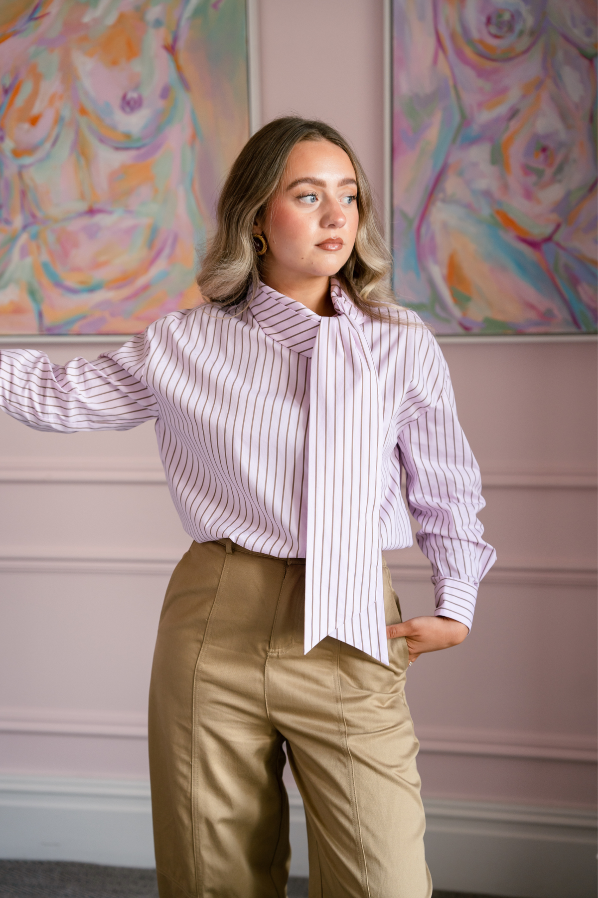 Love Laura Pinstripe Bow Blouse In Pink