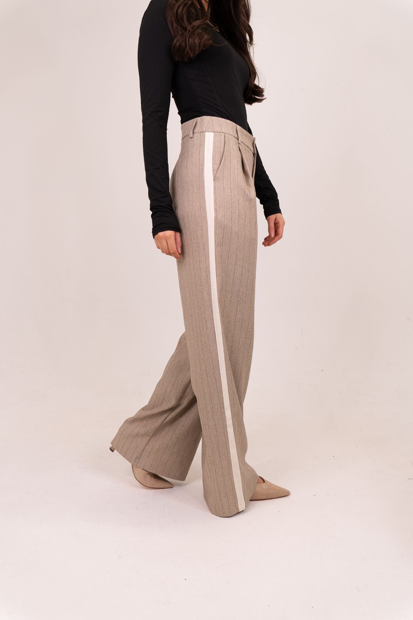 Kiera Pinstripe Trousers In Taupe