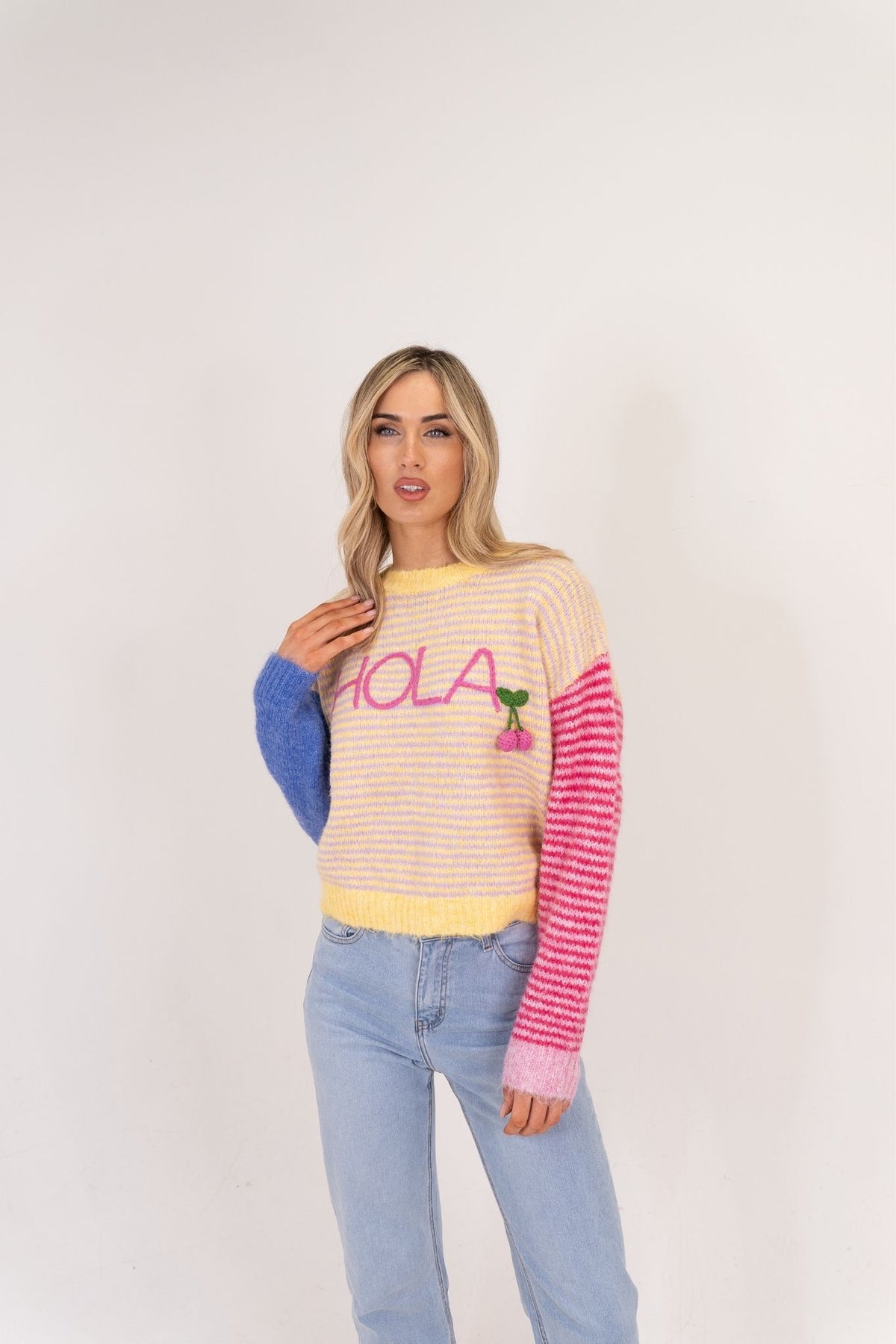 Millie Stripe Slogan Jumper In Yellow Mix