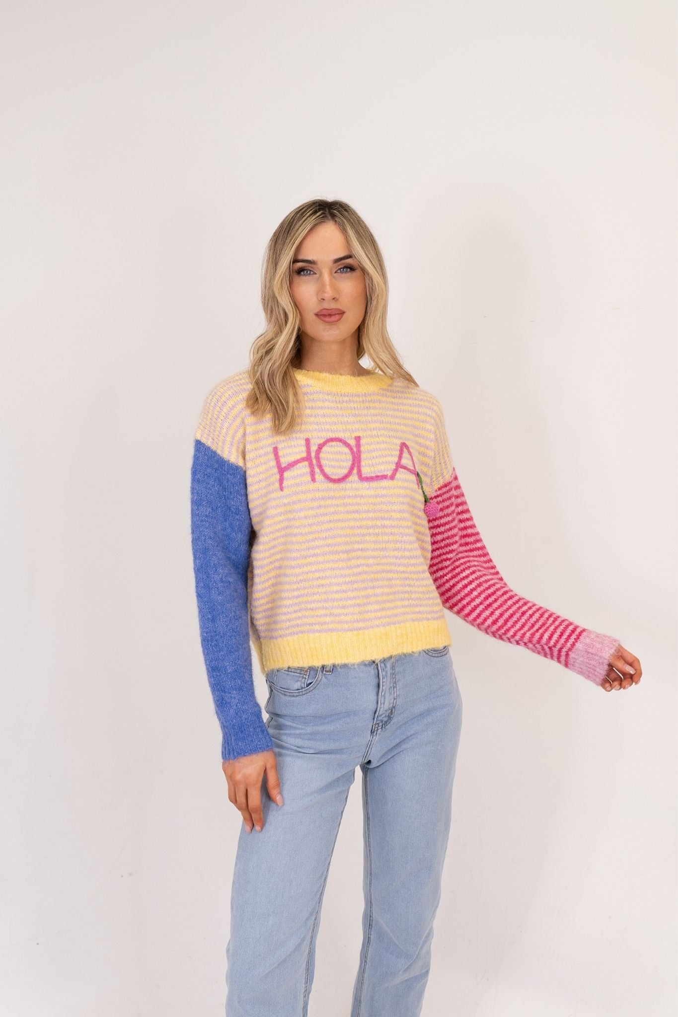 Millie Stripe Slogan Jumper In Yellow Mix