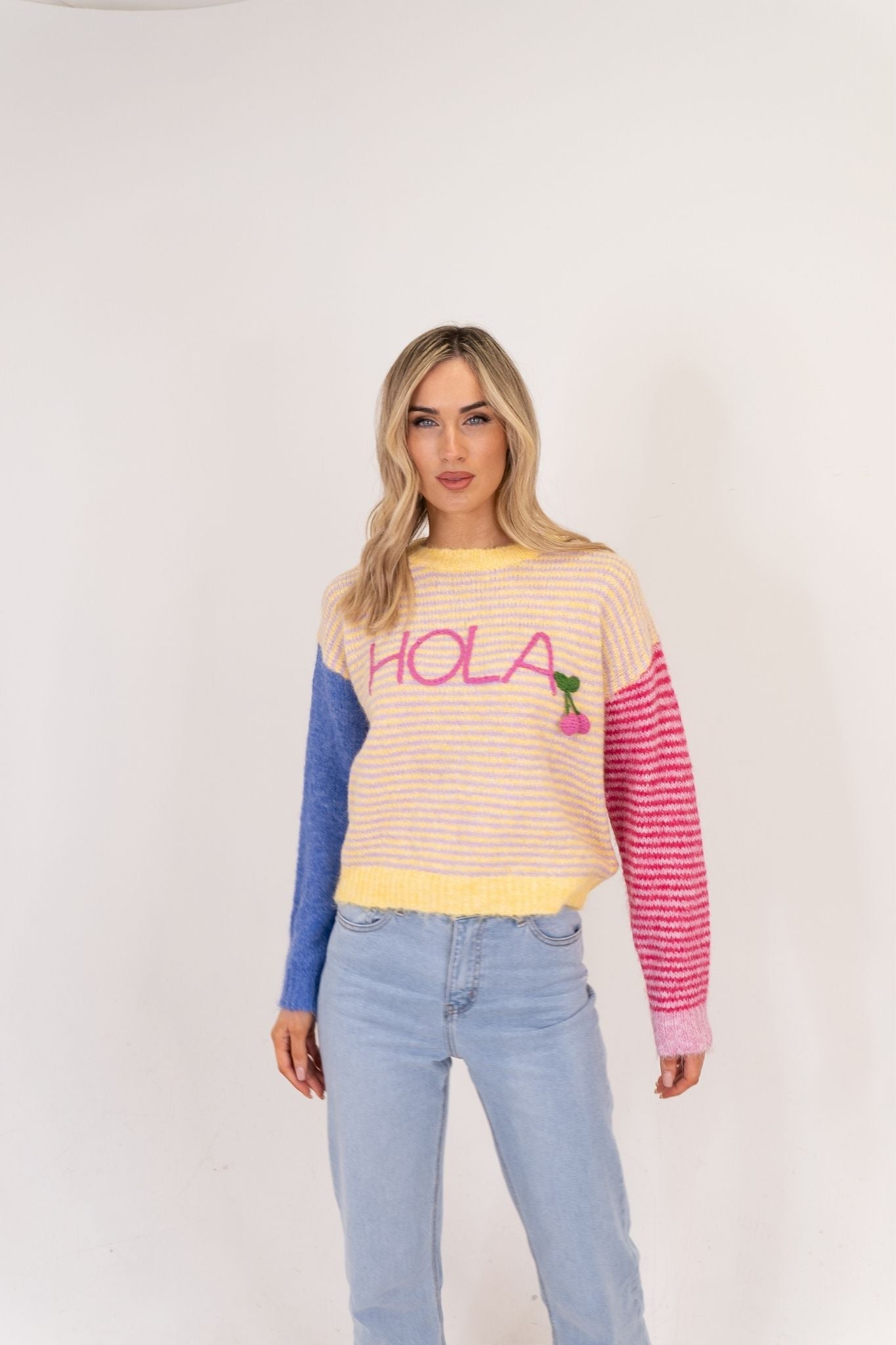 Millie Stripe Slogan Jumper In Yellow Mix