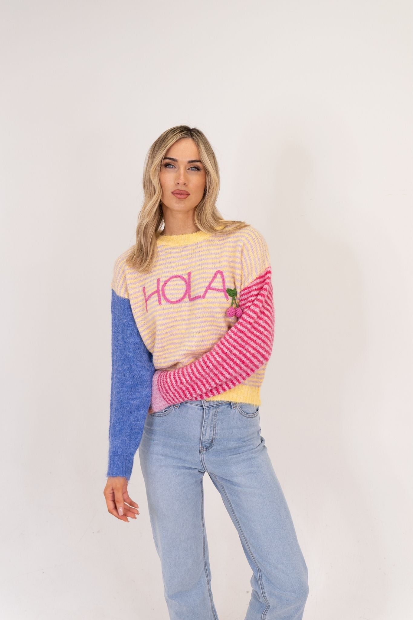 Millie Stripe Slogan Jumper In Yellow Mix