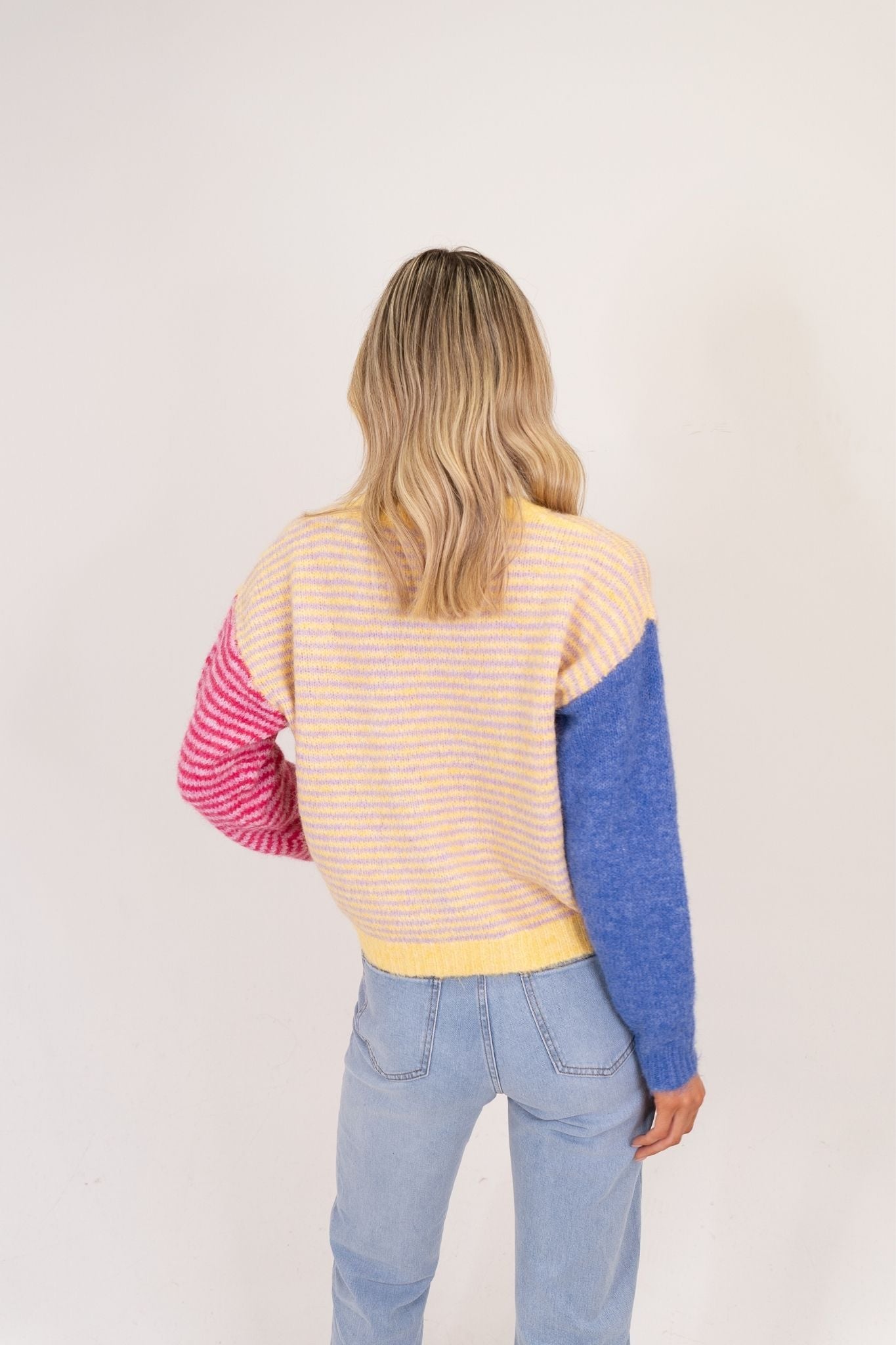 Millie Stripe Slogan Jumper In Yellow Mix