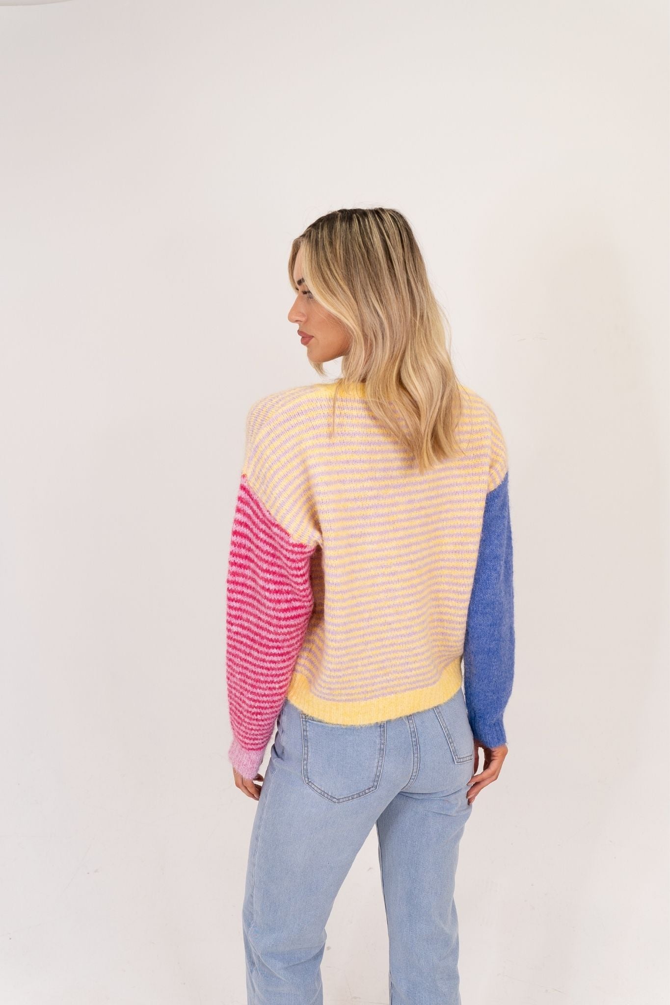 Millie Stripe Slogan Jumper In Yellow Mix