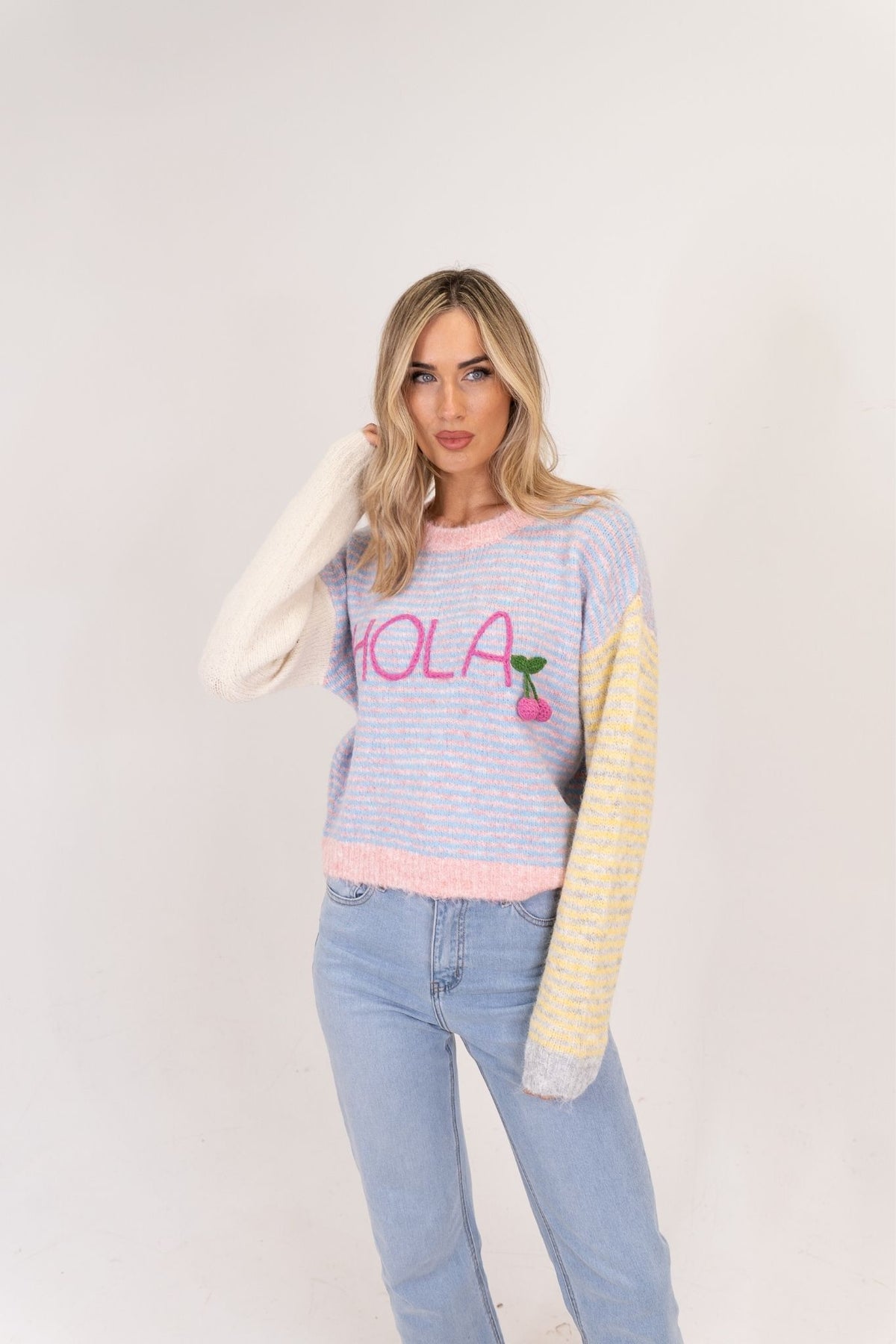 Millie Stripe Slogan Jumper In Pink Mix