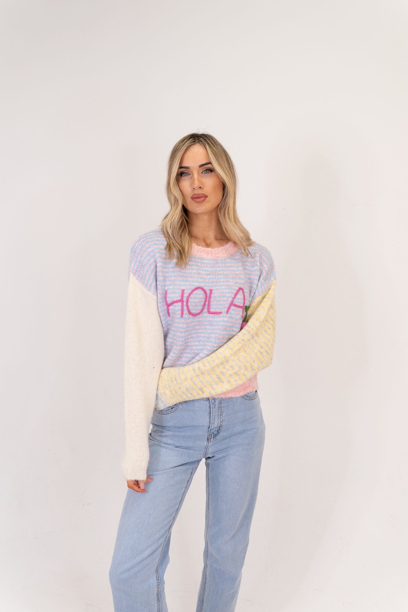 Millie Stripe Slogan Jumper In Pink Mix