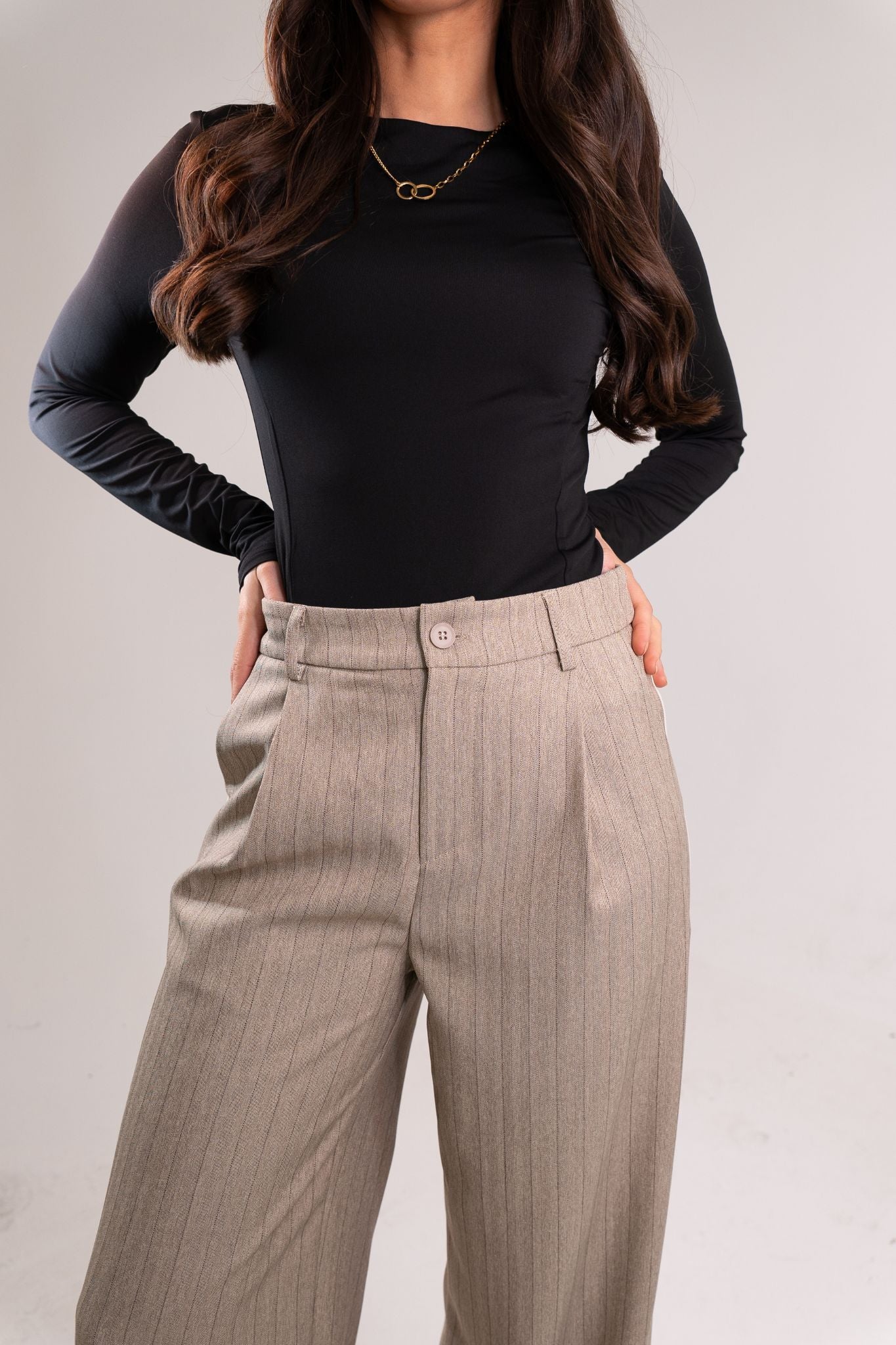 Kiera Pinstripe Trousers In Taupe