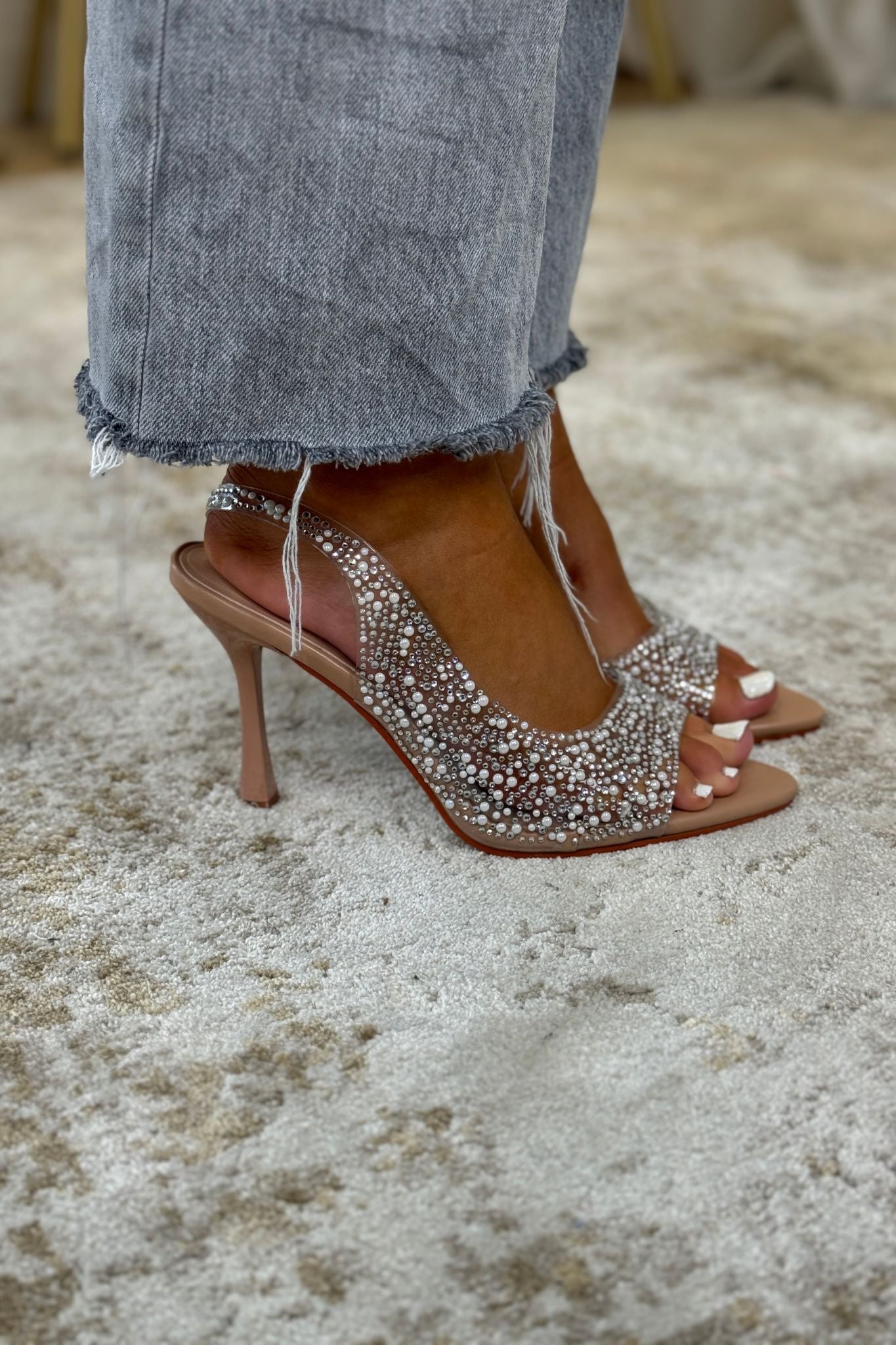 Sadie Embellished Open Toe Heel In Neutral