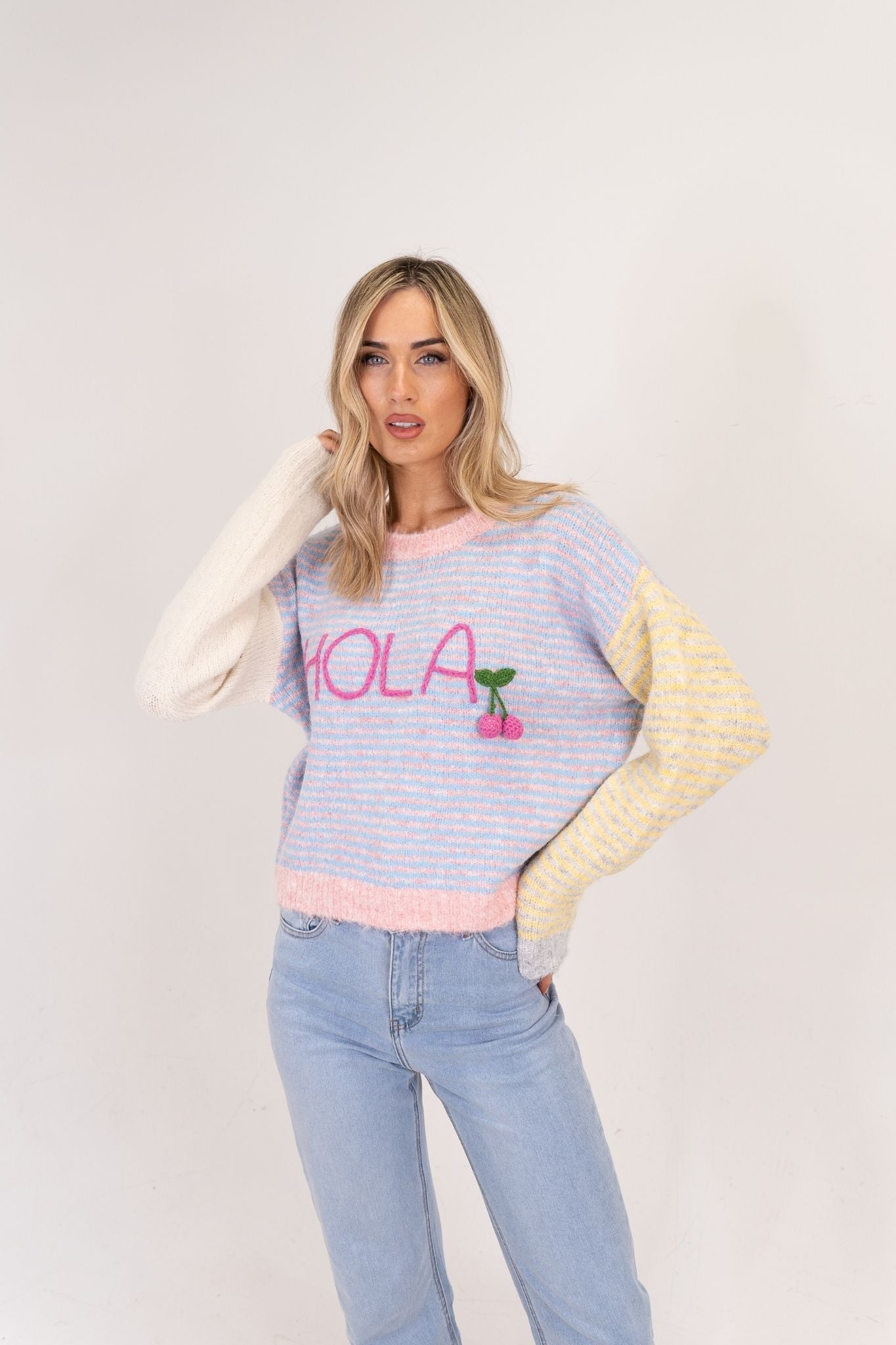 Millie Stripe Slogan Jumper In Pink Mix