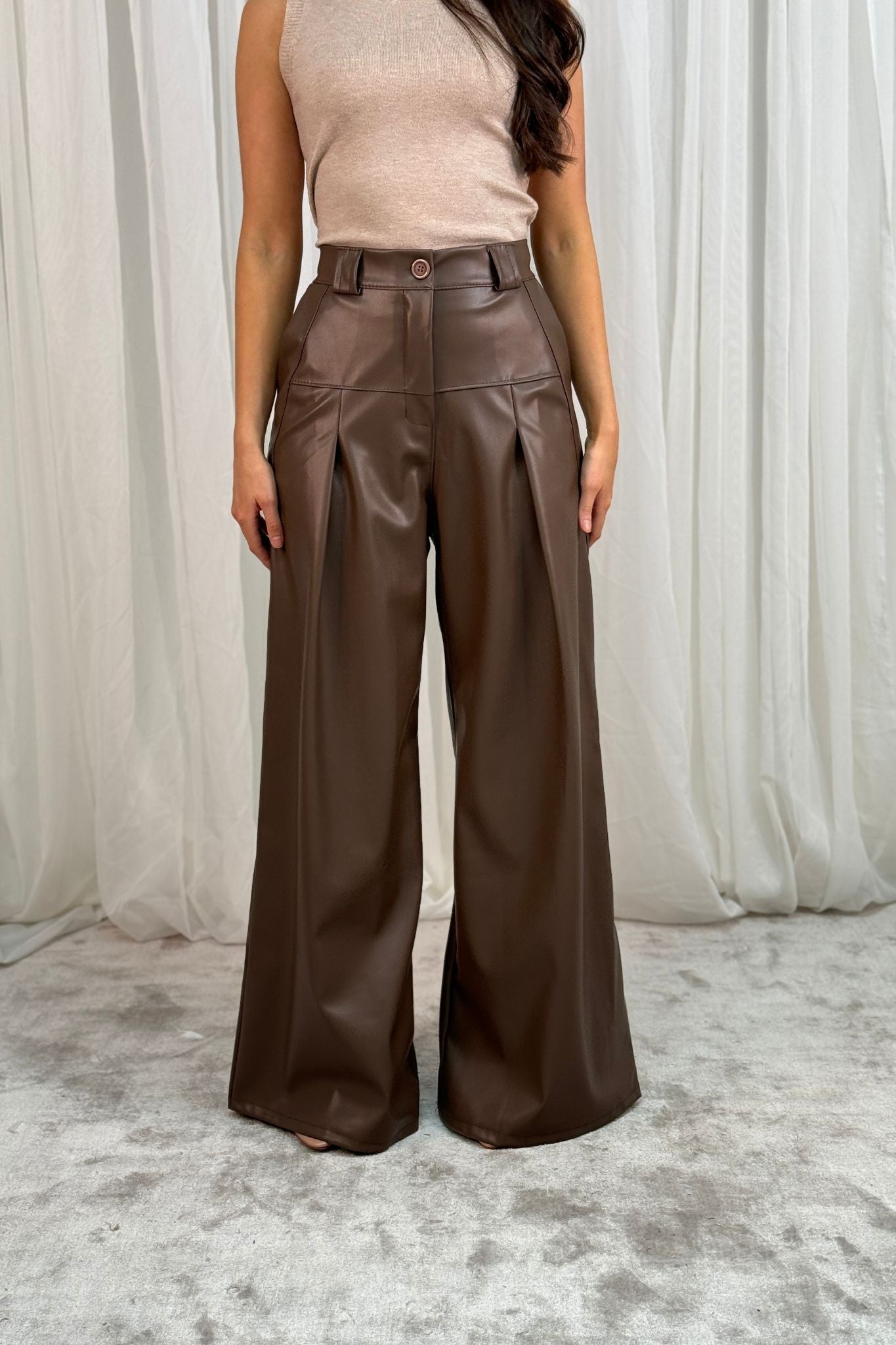 Caitlyn Faux Leather Wide Leg Trousers In Chocolate