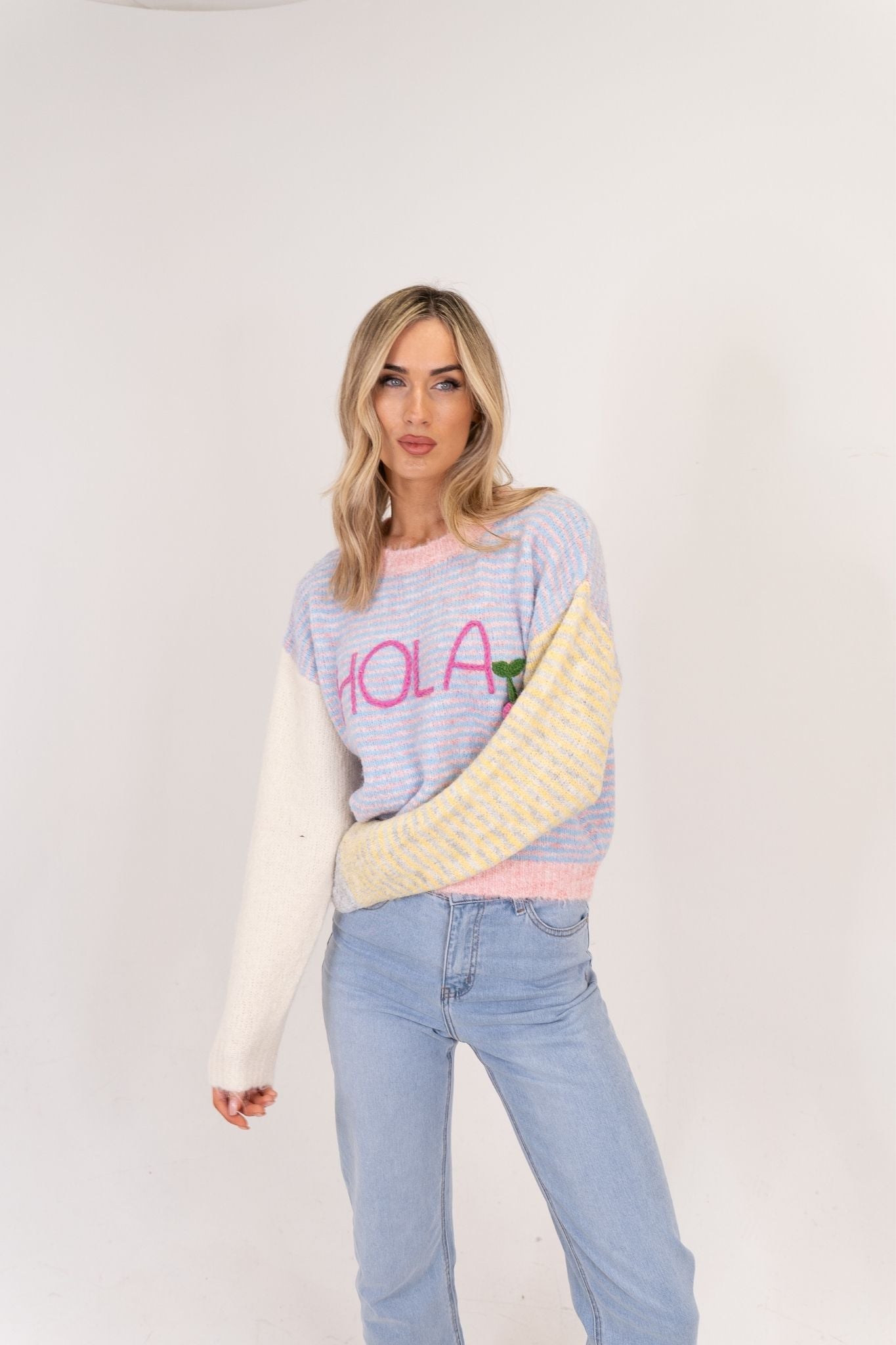 Millie Stripe Slogan Jumper In Pink Mix