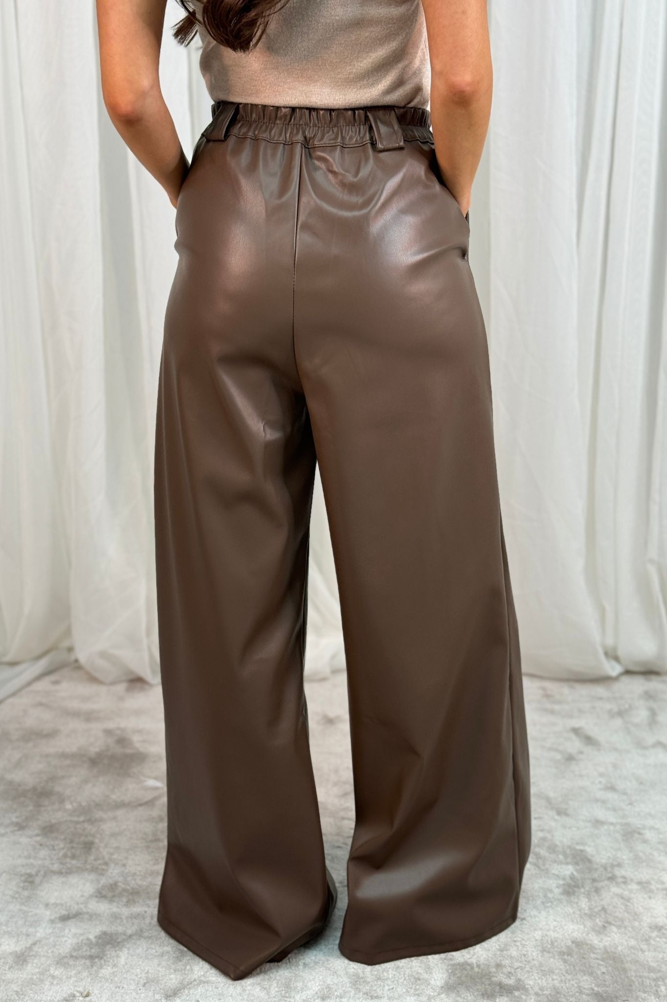 Caitlyn Faux Leather Wide Leg Trousers In Chocolate