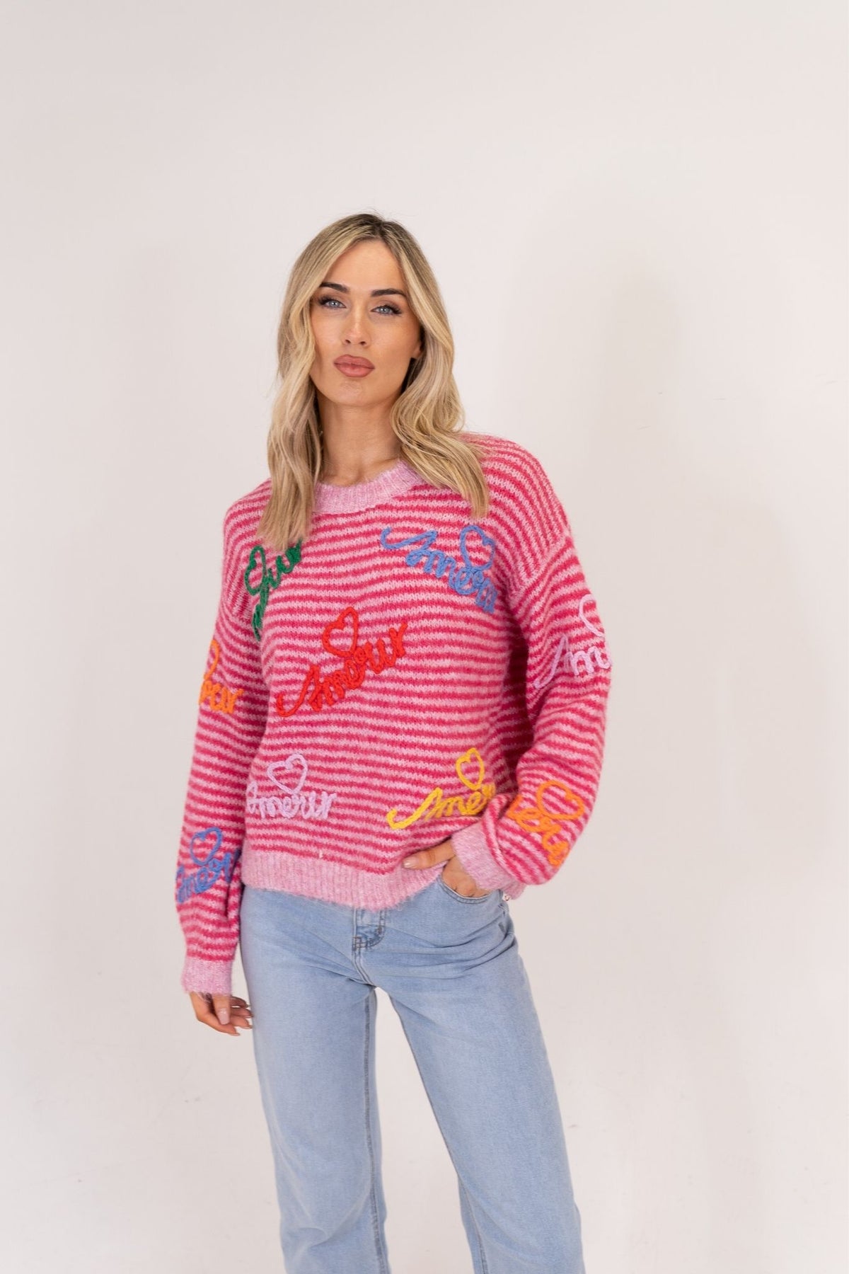 Millie Multi Slogan Jumper In Pink