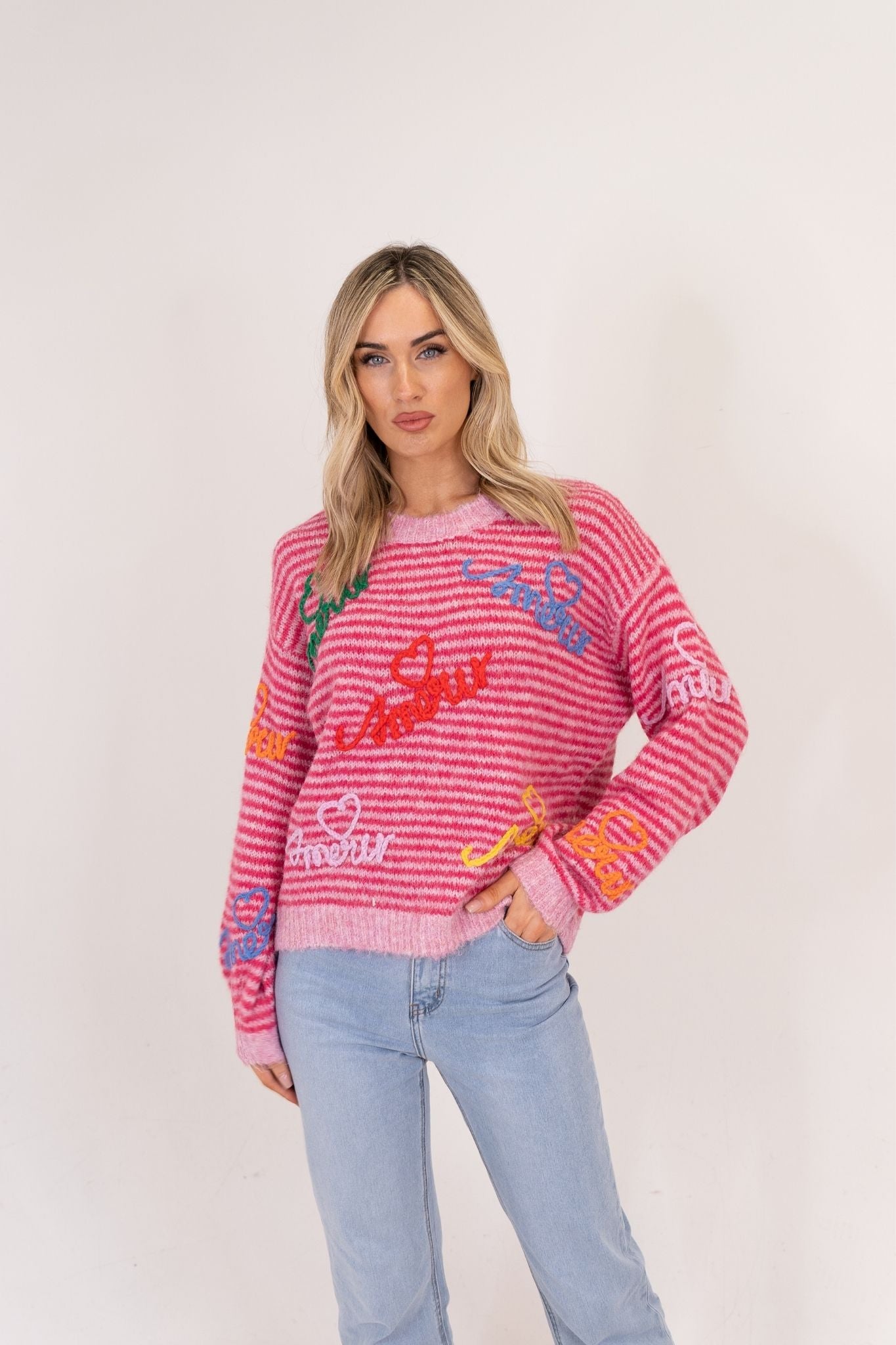 Millie Multi Slogan Jumper In Pink