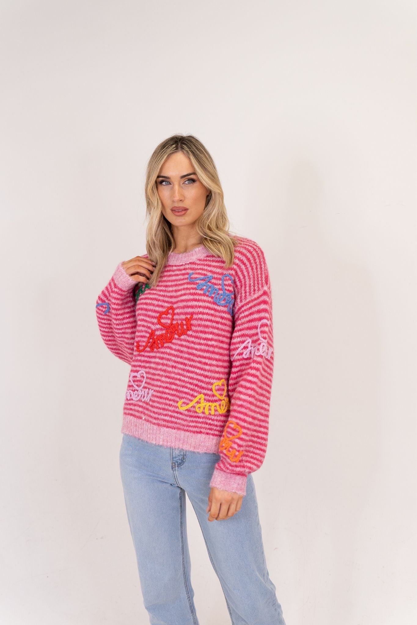 Millie Multi Slogan Jumper In Pink