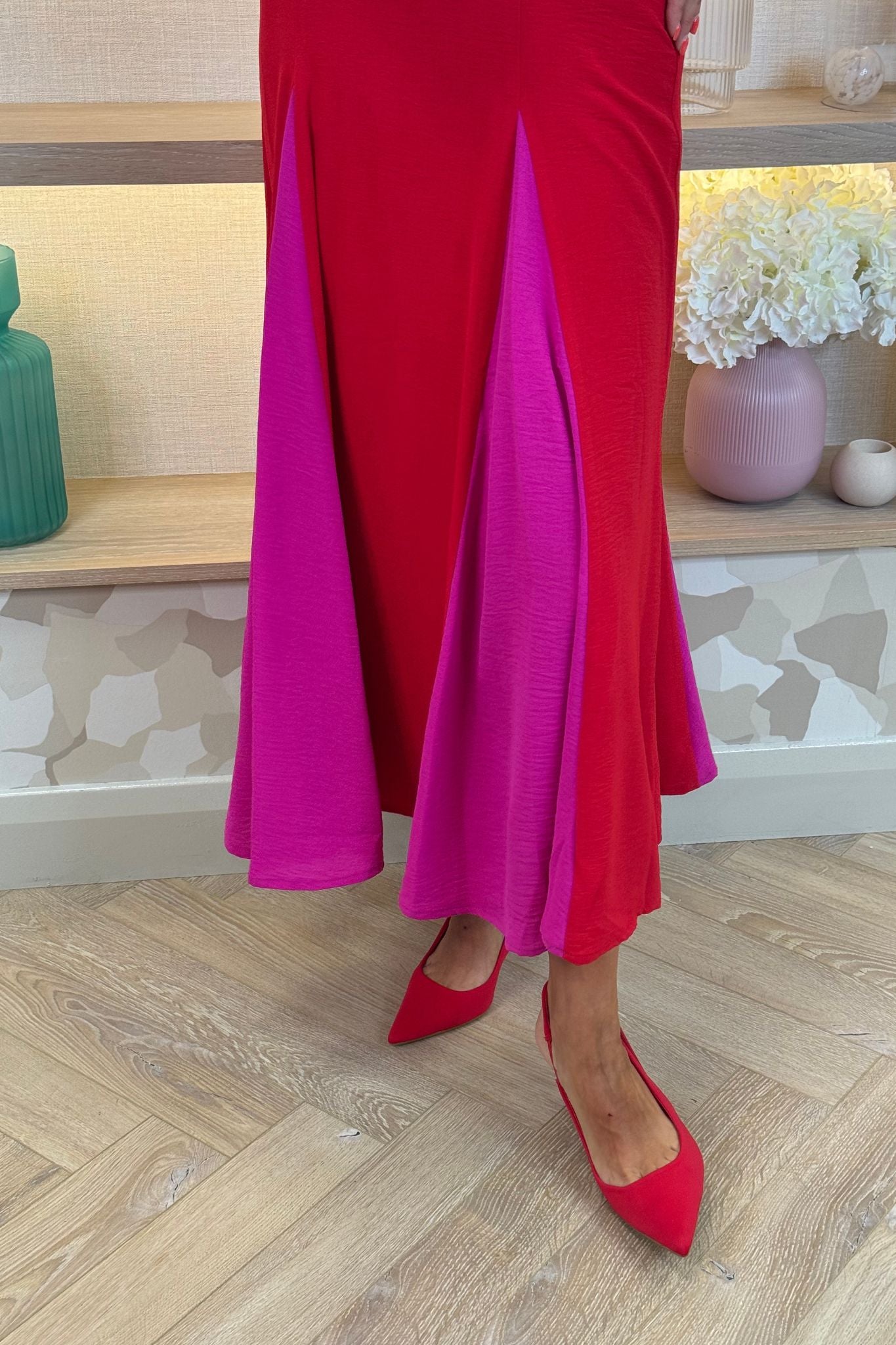 Sienna Flower Shoulder Pink Detail Dress In Red