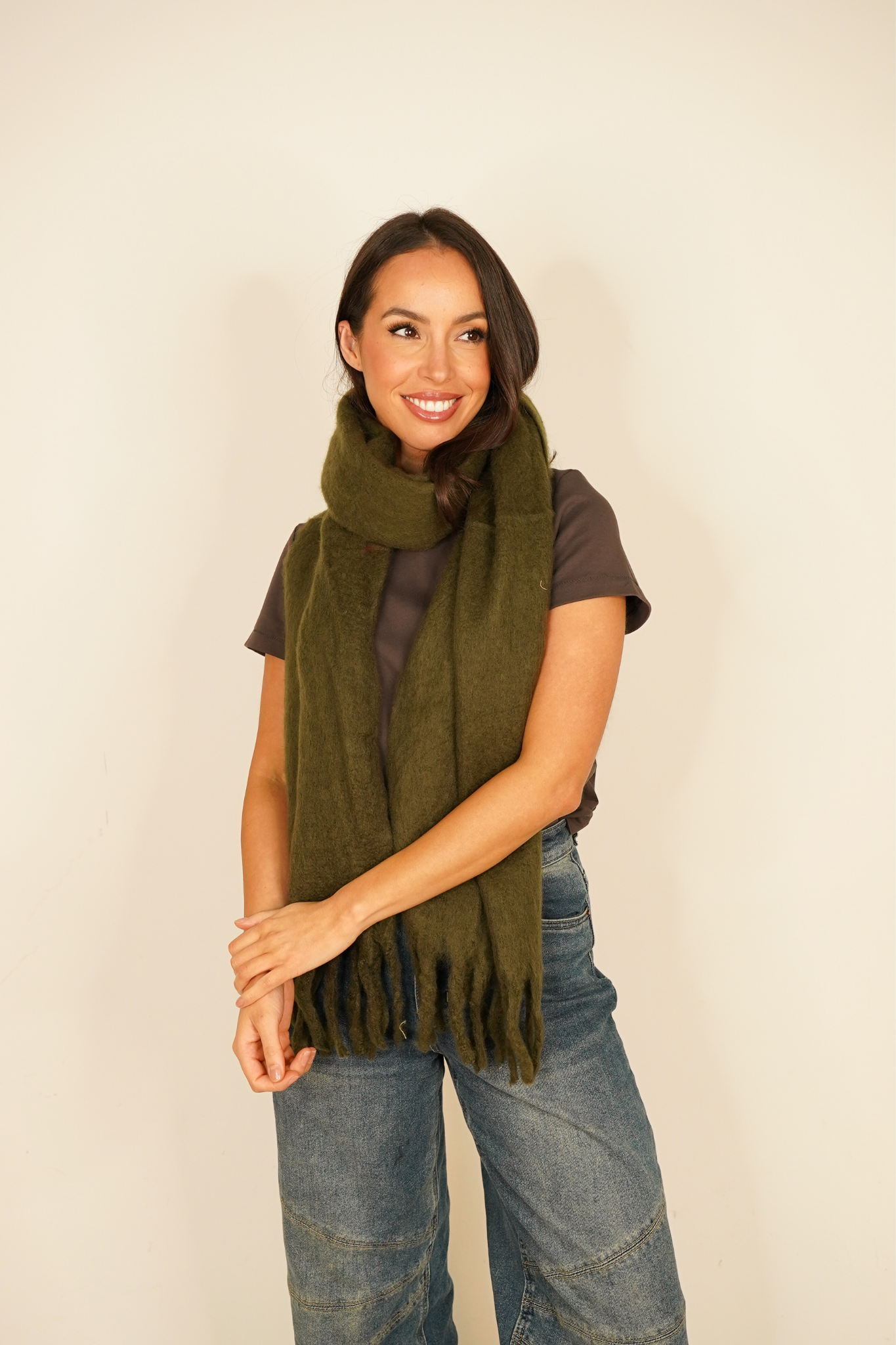 Polly Tassel Scarf In Khaki