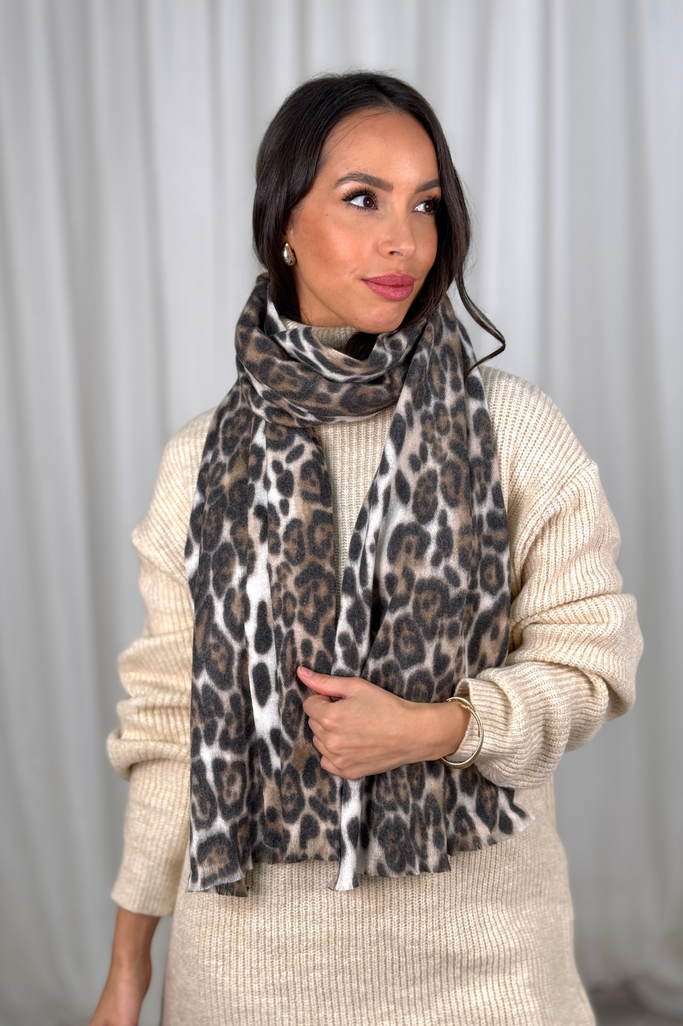 Carly Leopard Print Scarf In White Mix