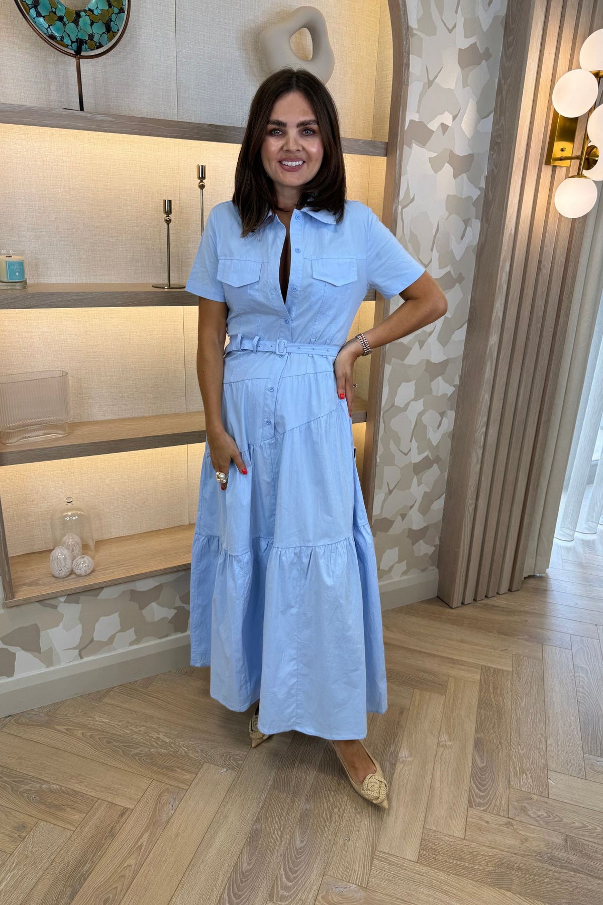 Holly Tiered Shirt Dress In Blue