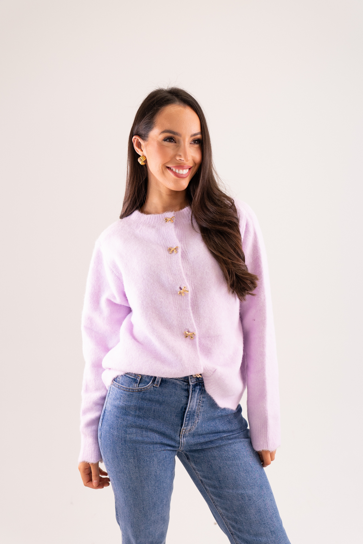 Kendra Bow Button Knit In Lilac