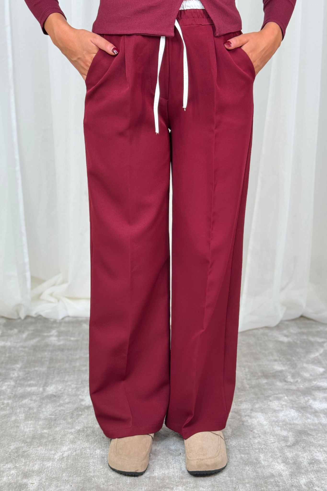 Erica Drawstring Waist Trousers In Bordeaux