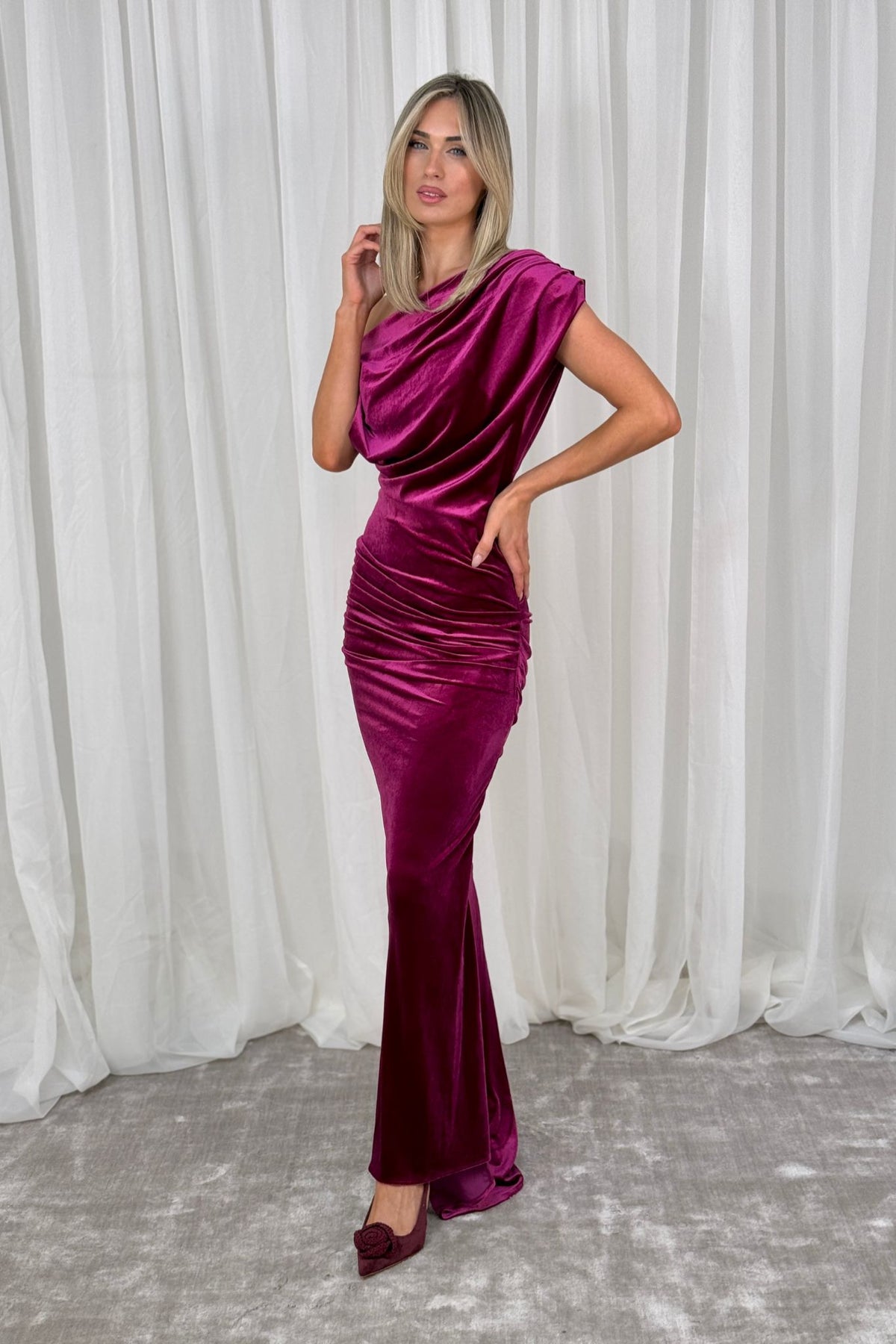 Alexandra Velvet Bardot Dress In Magenta