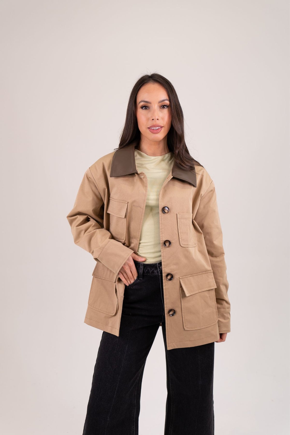 Caitlyn Contrast Detail Coat In Camel