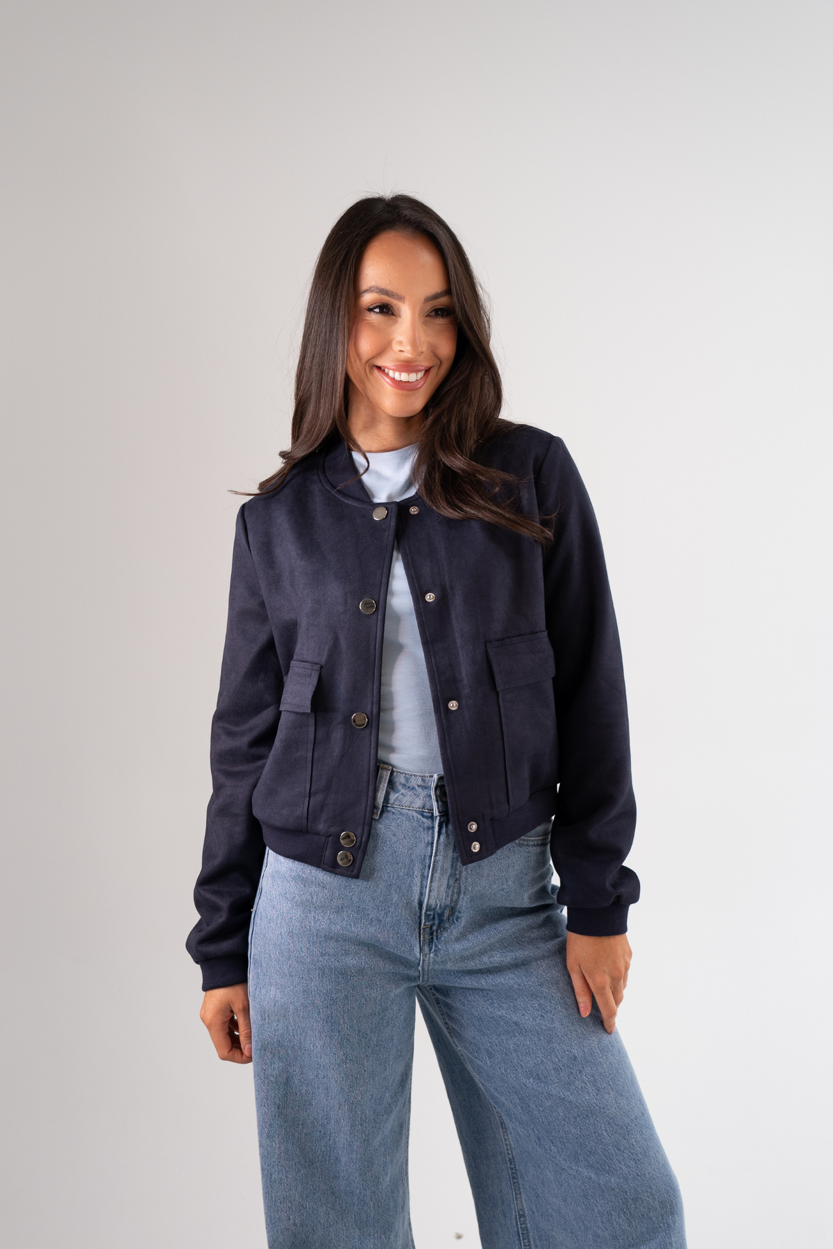 Harper Faux Suede Bomber Jacket In Navy