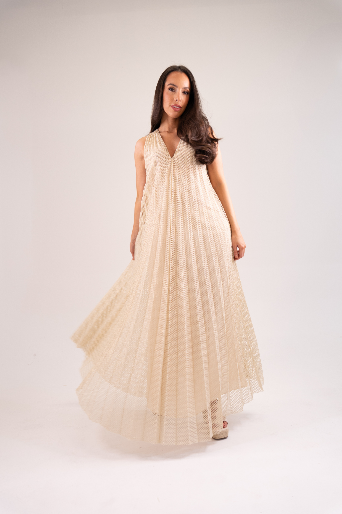 Kayla Pleated Overlay Dress In Neutral
