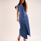 Kayla Asymmetric Collar Dress In Dark Denim