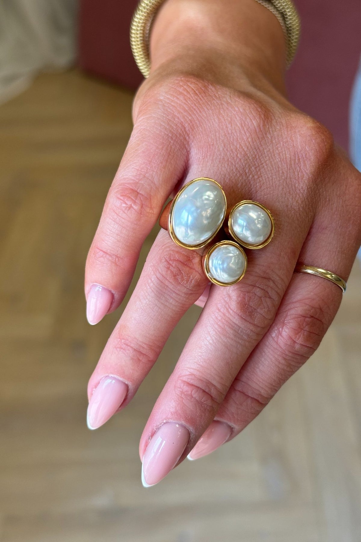 Petra Open Front Pearl Ring In Gold