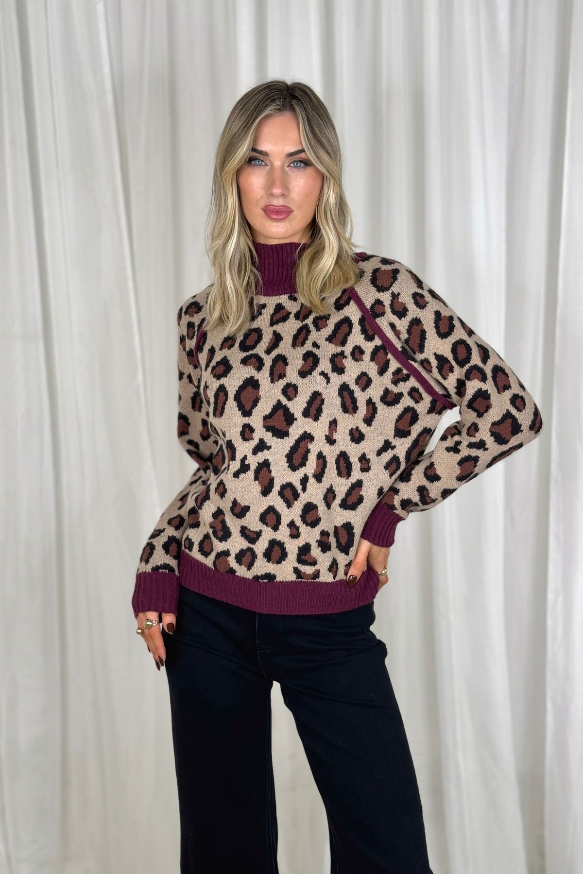 Millie Bordeaux Trim Jumper In Leopard Print