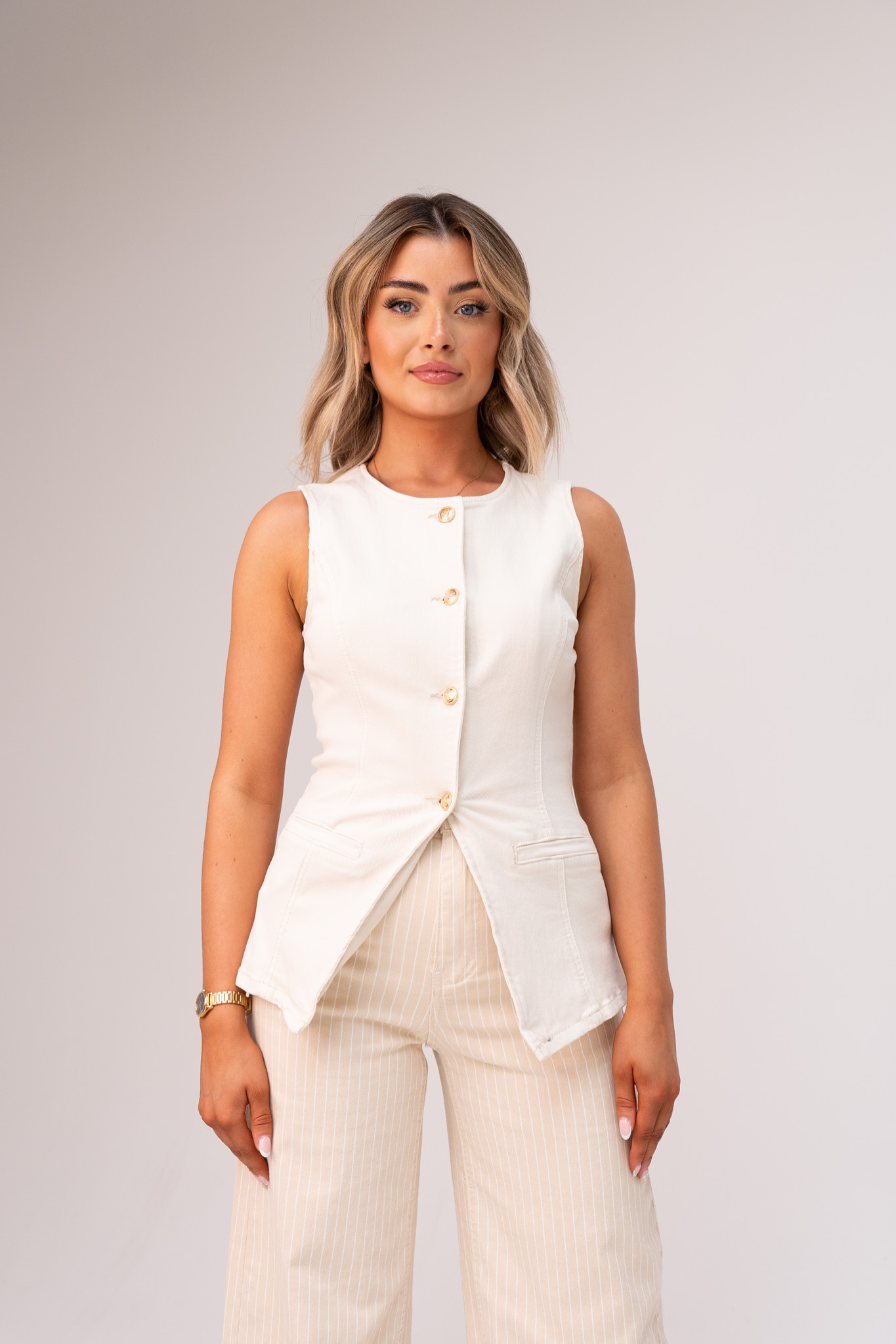 Love Laura Denim Waistcoat In Cream