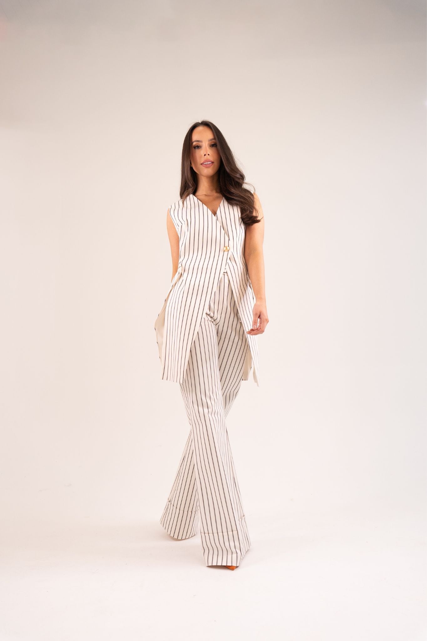 Kayla Wide Leg Pinstripe Trousers In Cream