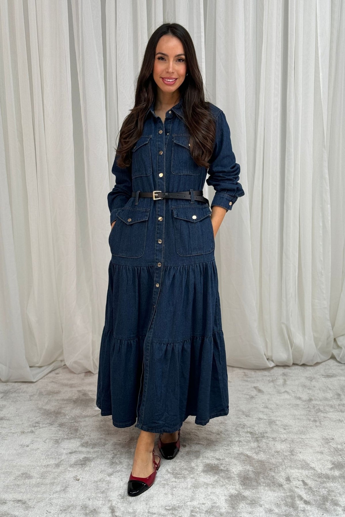 Holly Tiered Denim Shirt Dress In Dark Wash