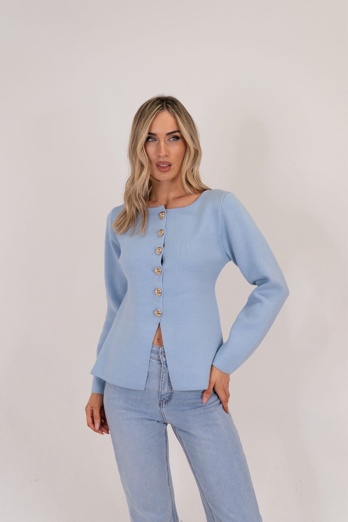 Kendra Split Hem Cardigan In Blue