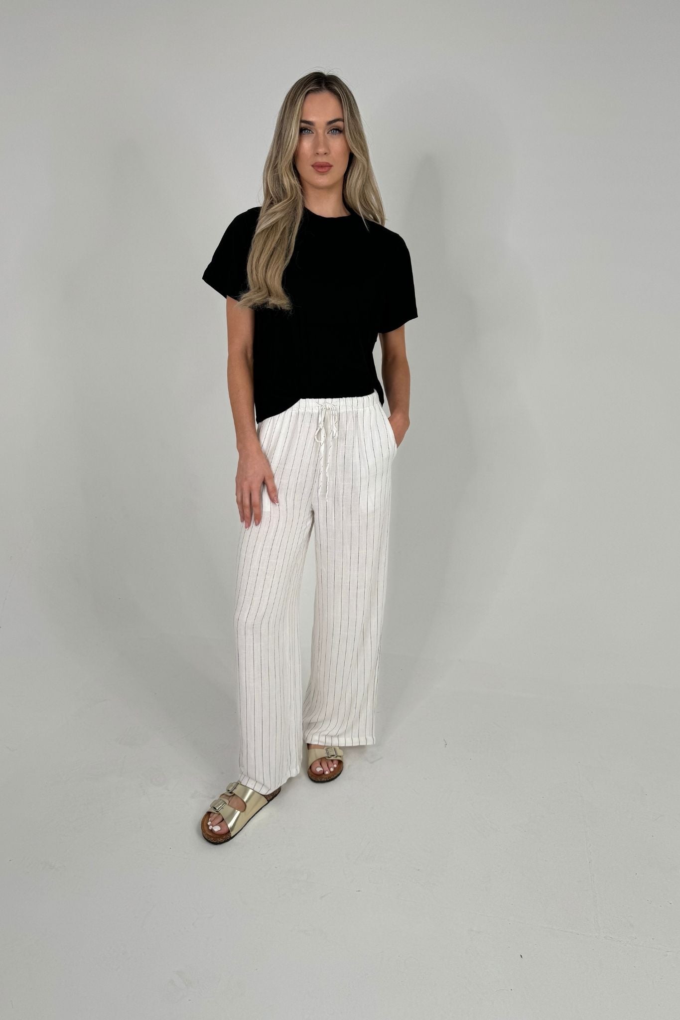 Elsa Linen Mix Stripe Trousers In White