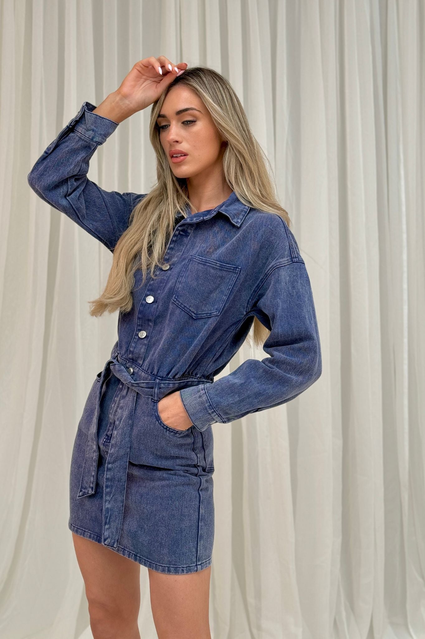 Cora Mini Denim Shirt Dress In Dark Wash