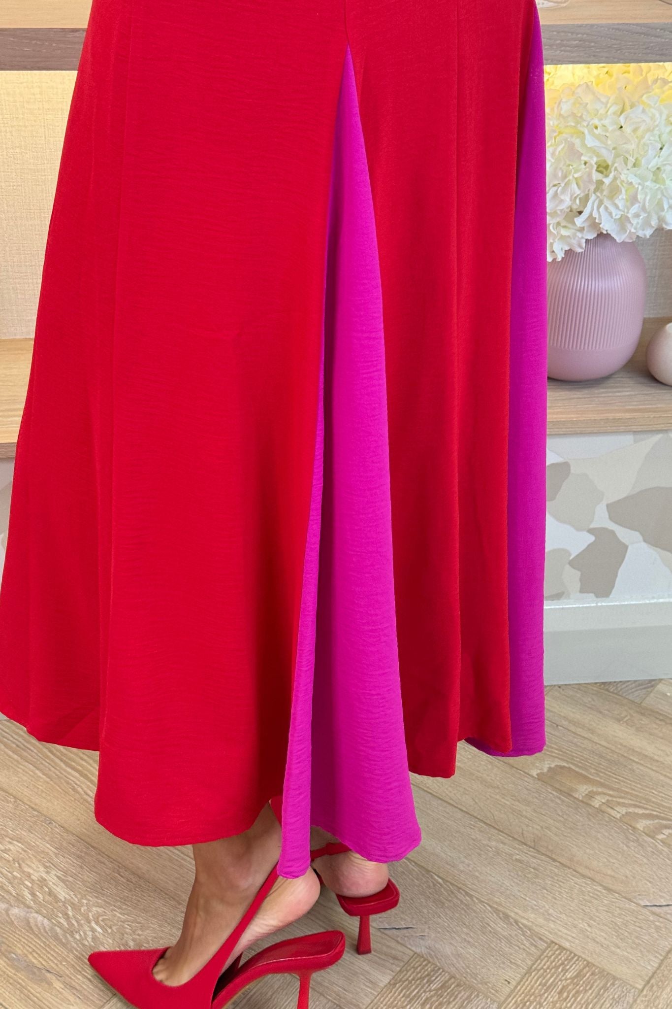 Sienna Flower Shoulder Pink Detail Dress In Red